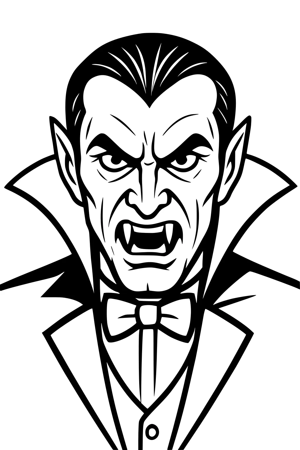 Classic vampire portrait with slick hair, pointed ears, fangs, and high collar, wearing a bow tie and tuxedo, mouth open.