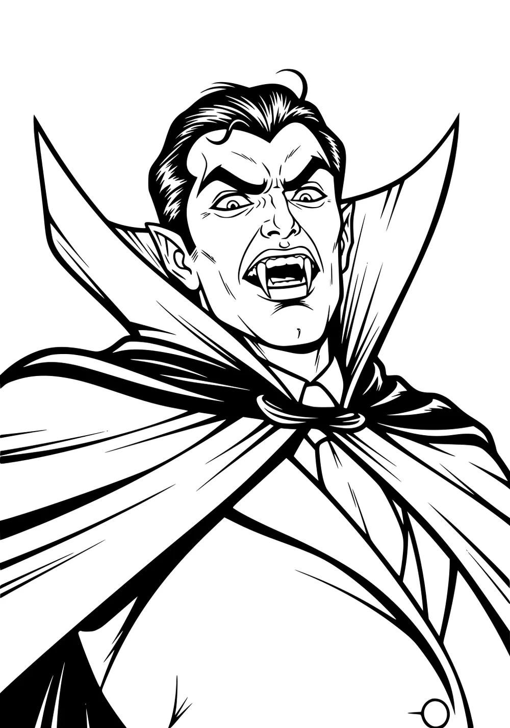 Classic vampire man with fangs, tall high-collared cape, slick hair, pointed ears, and tie in bold outline, shown from chest up.