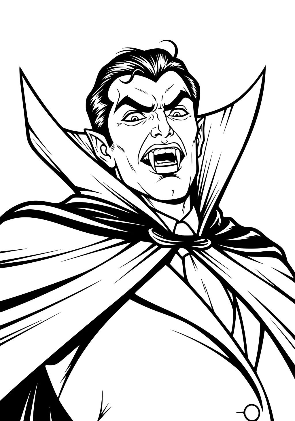 Classic vampire man with fangs, tall high-collared cape, slick hair, pointed ears, and tie in bold outline, shown from chest up.