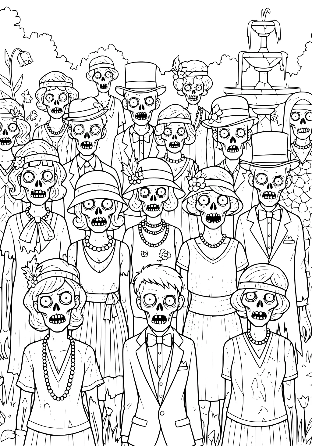 Crowd of 1920s-dressed zombies in a garden, with cloche hats, pearls, suits, bow ties, and a tiered fountain behind them.
