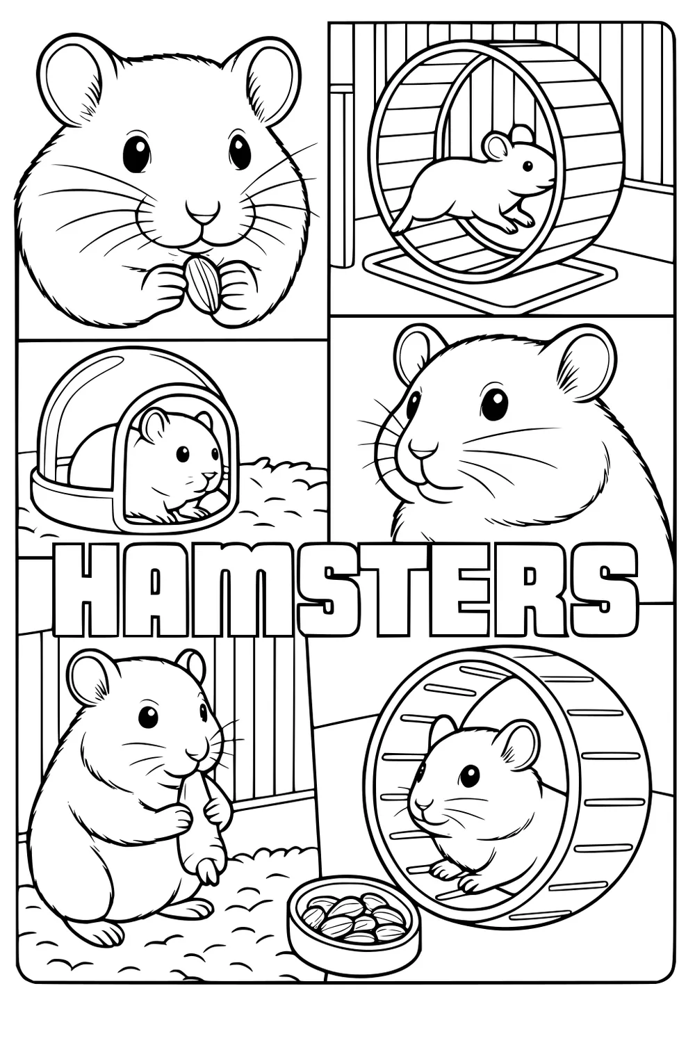 Page with six cartoon hamsters in a cage, some eating, in wheels, hiding in a dome, and large 'Hamsters' letters in the center.