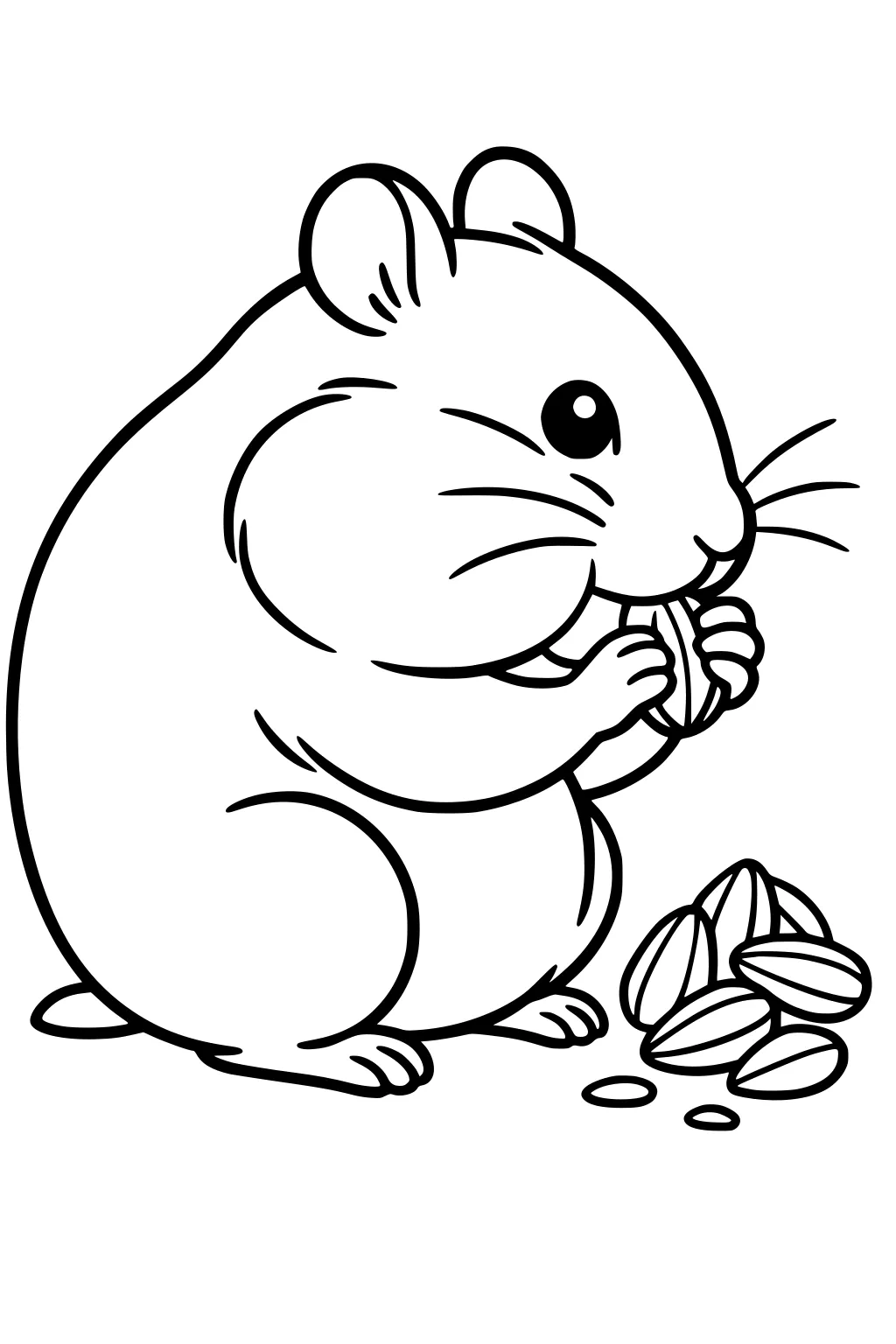 A hamster sits eating a seed, with a pile of sunflower seeds beside her on the ground.