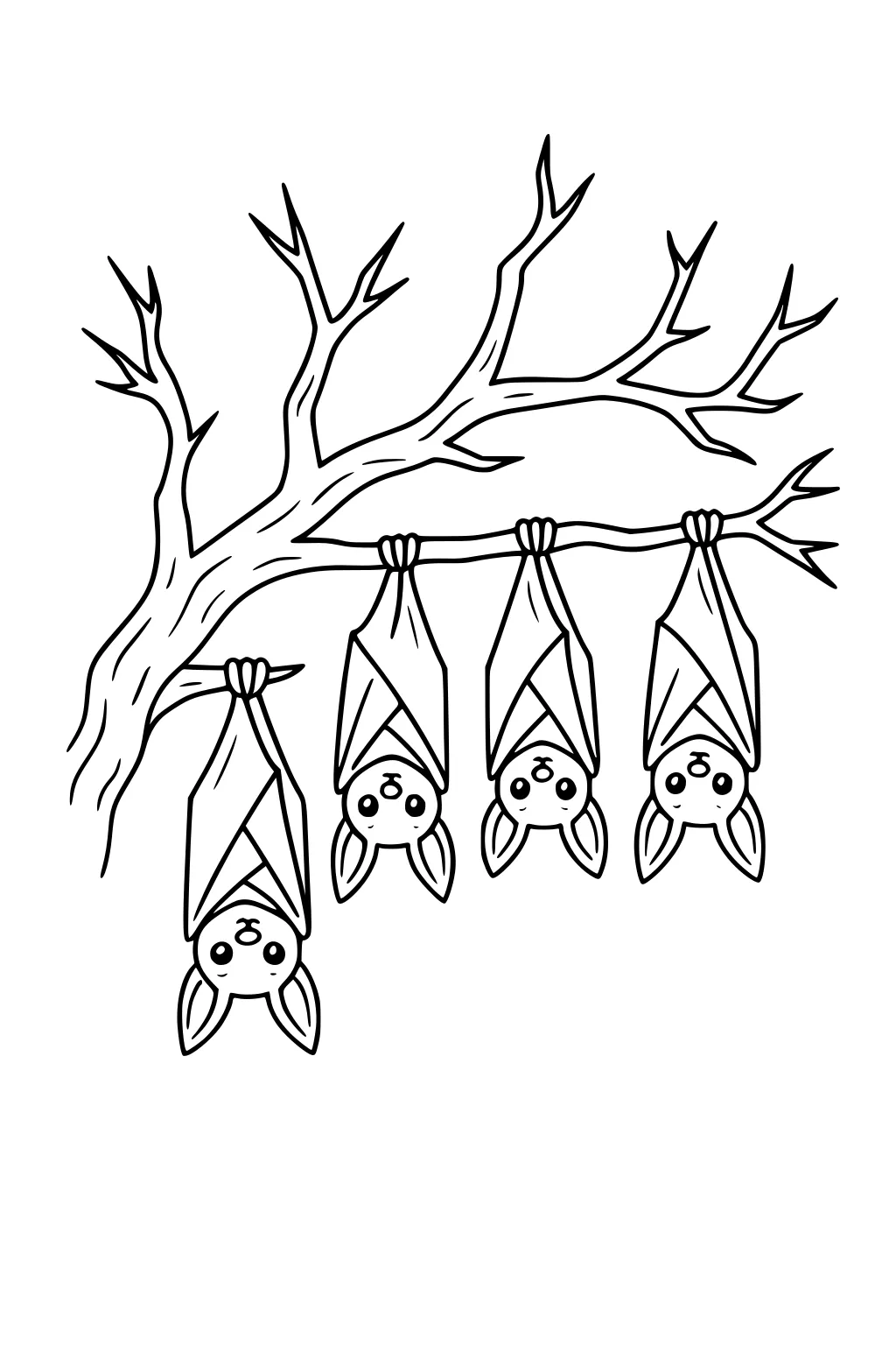 Four smiling cartoon bats hang upside down from a bare tree branch, wrapped in wings, simple Halloween line art.