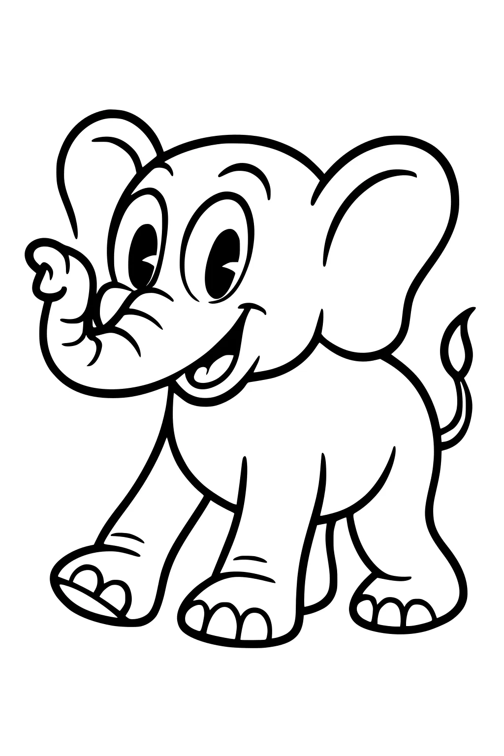 Cartoon elephant with big eyes, open smile, raised trunk, large ears, and chunky legs standing forward.