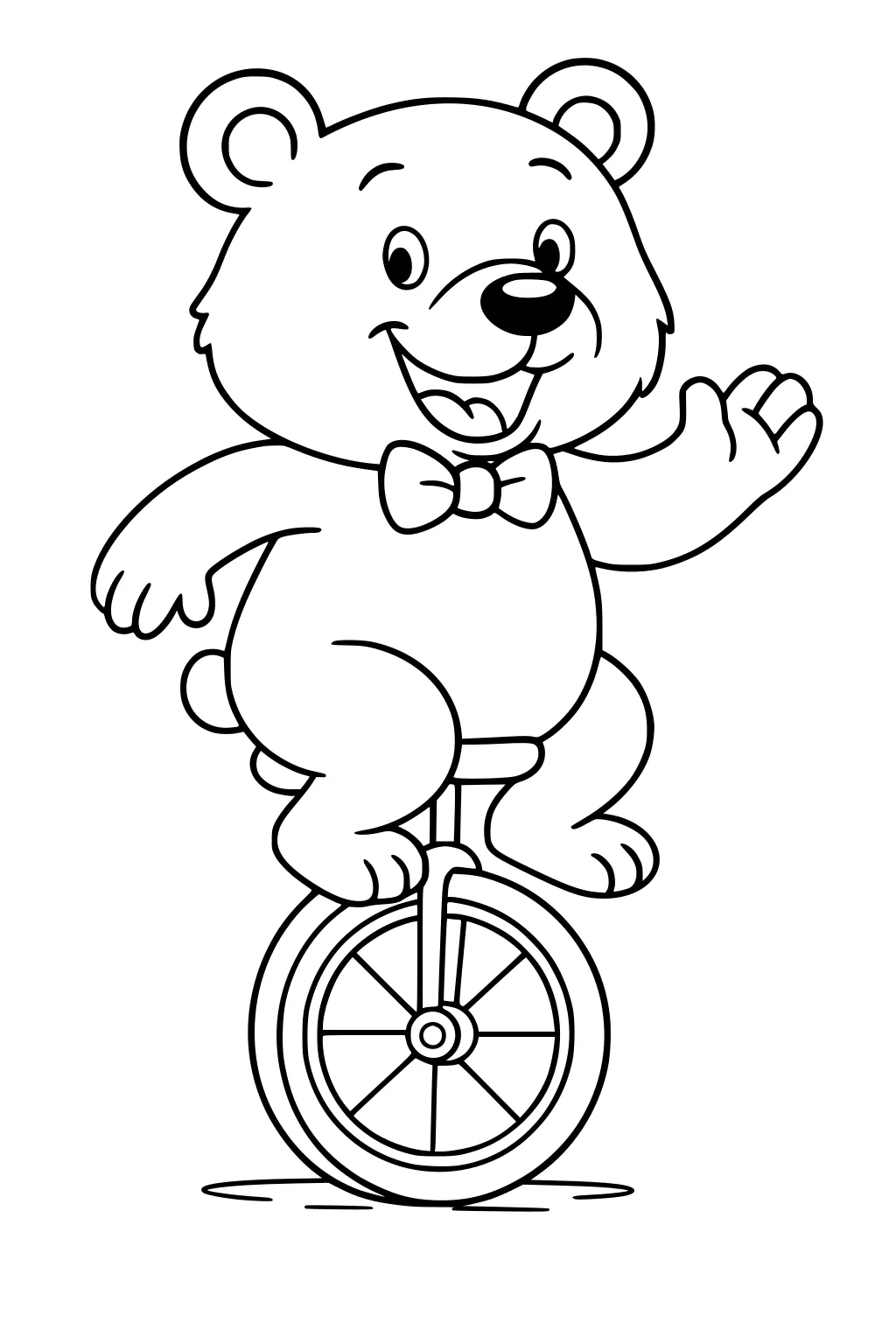 Bear with a bowtie waving and riding a unicycle, smiling widely.