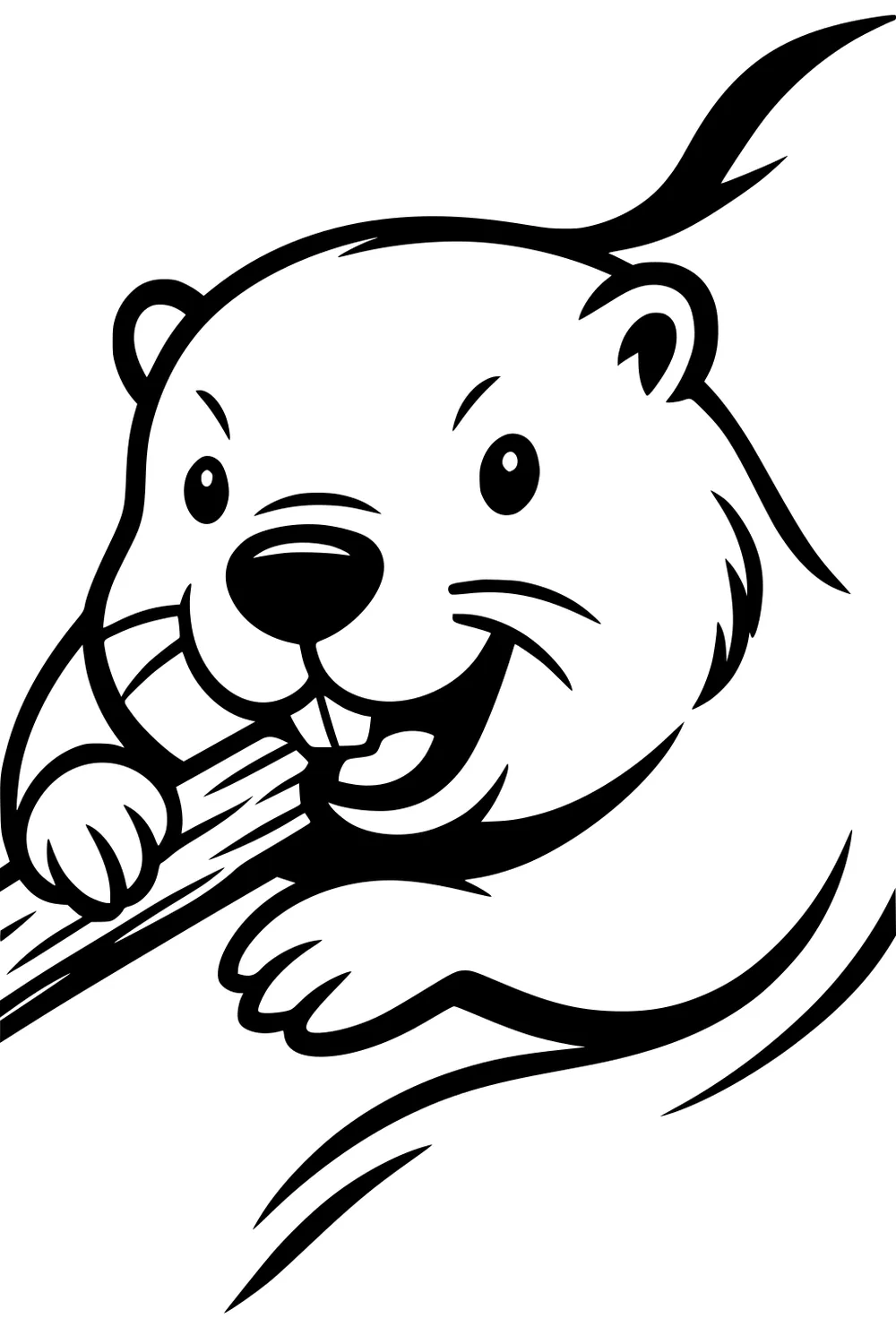 A smiling beaver with round eyes and big teeth holds a log in its paws and bites down, with its curved tail shown behind.