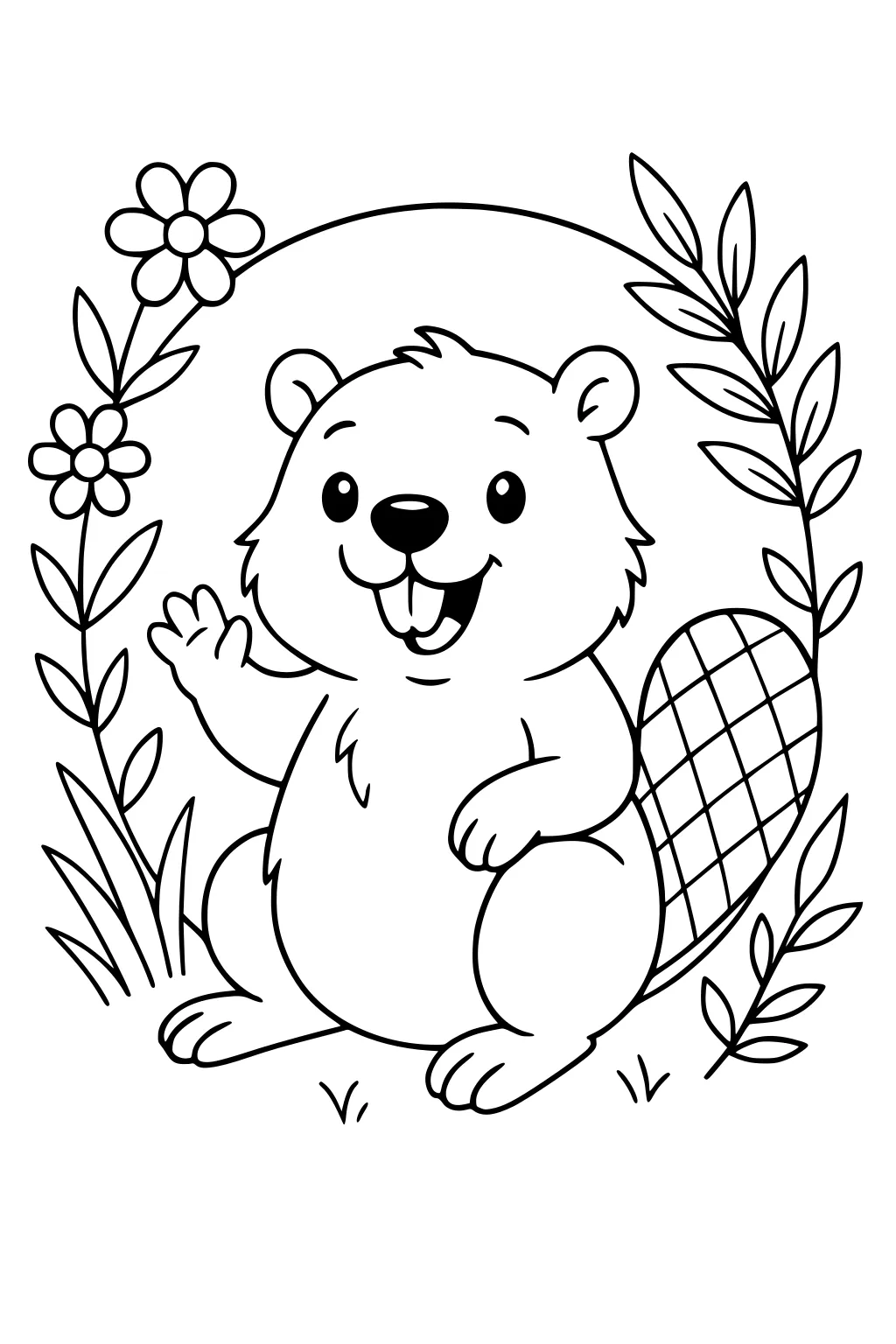 Cartoon beaver sitting and waving, surrounded by flowers, grass, and leafy branches.