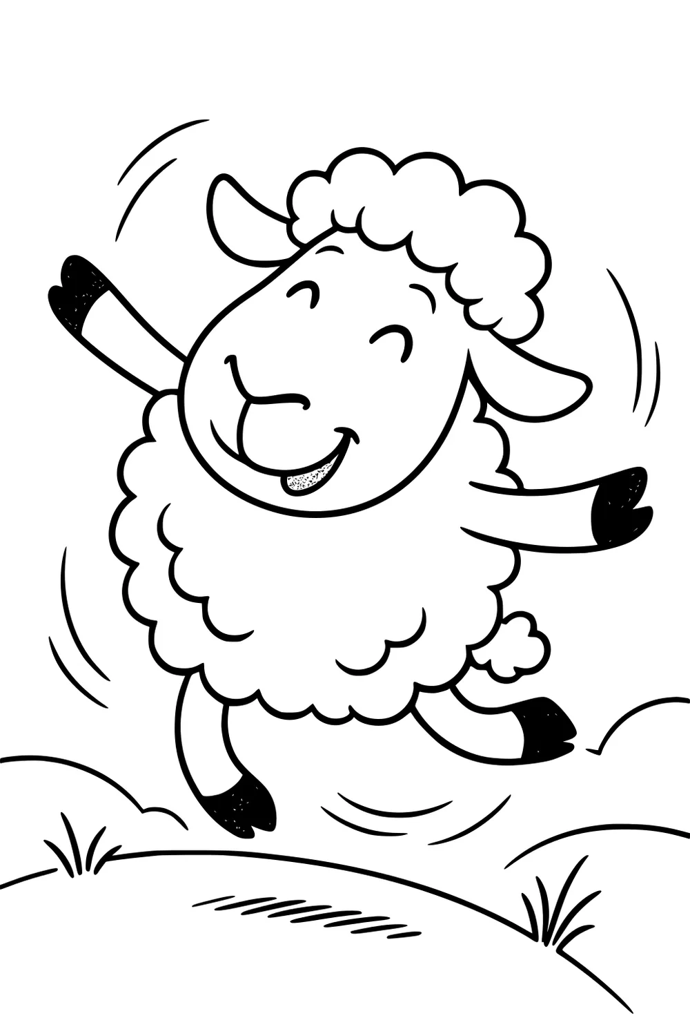 Cheerful sheep leaping on grassy hill, smiling with tongue out, ears flopping, and wooly body, drawn in simple cartoon style.