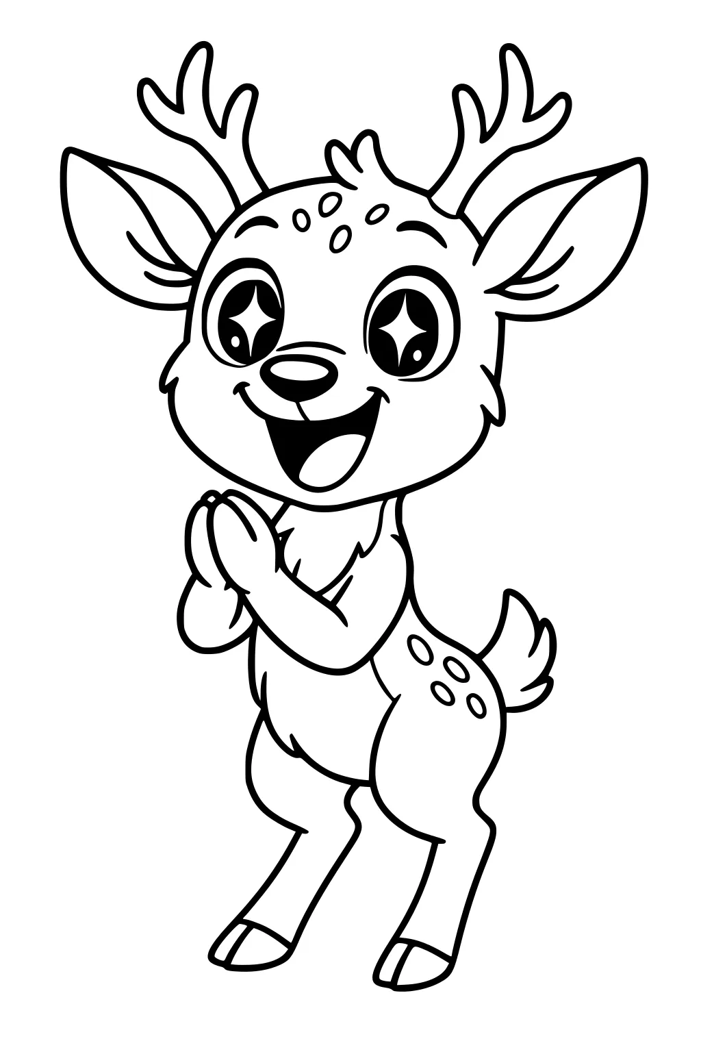 Cartoon baby deer with starry eyes, clapping front hooves, small antlers, and spotted back, standing on two legs.