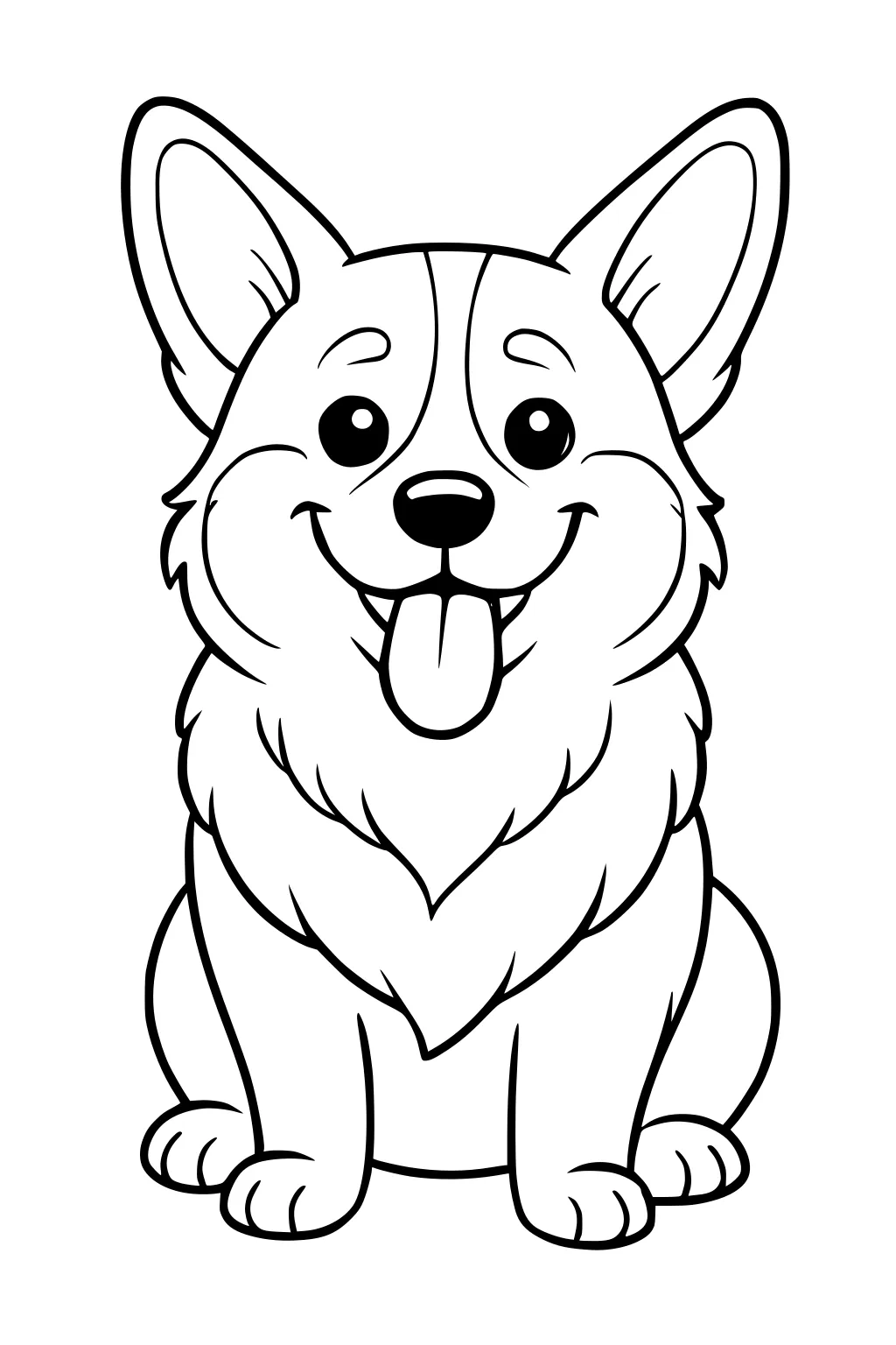 Cartoon dog with big ears, fluffy neck, sitting and smiling with tongue out.