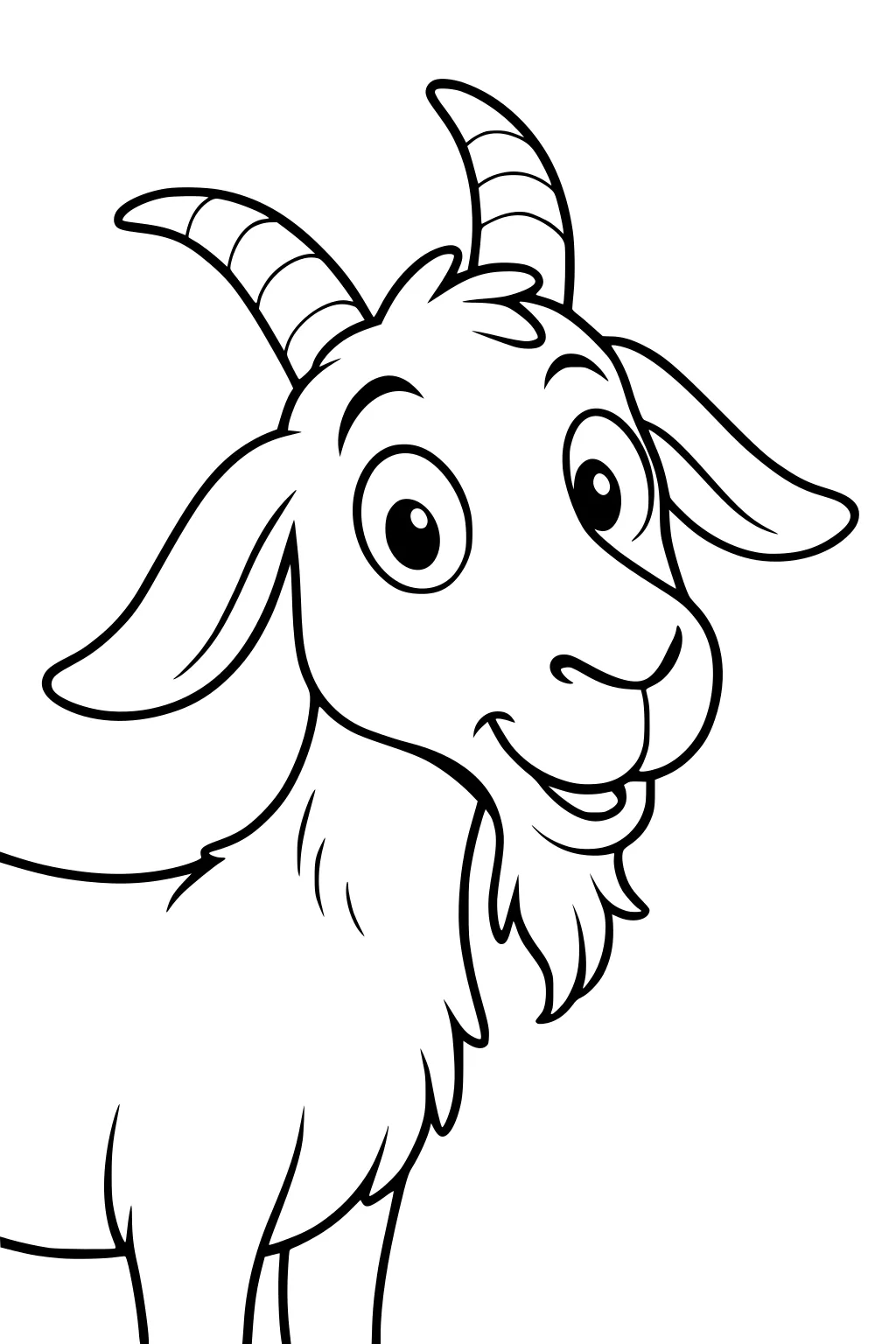 Cartoon goat with striped horns, fluffy beard and big ears, smiling with a playful expression.