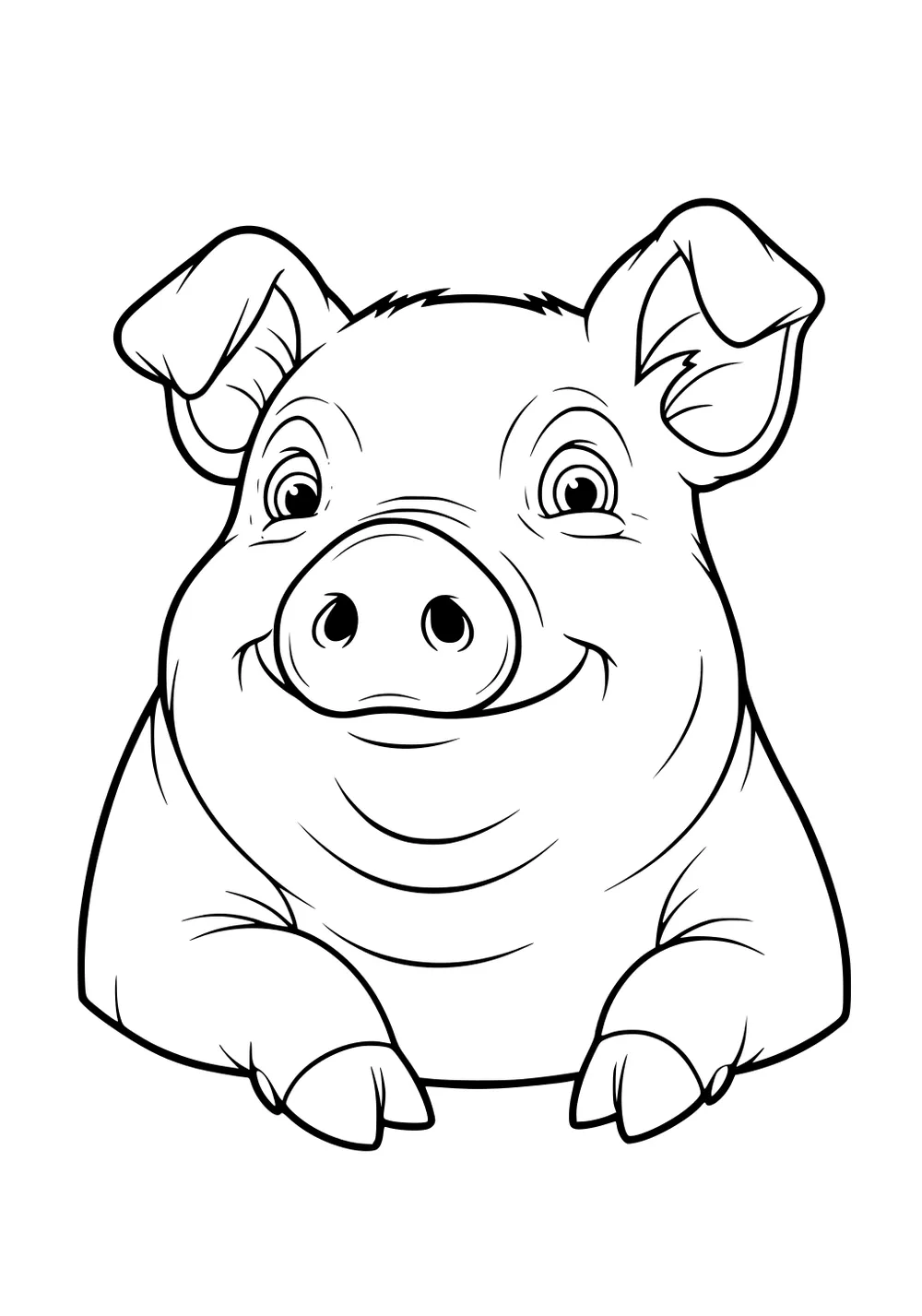 Smiling pig face with big ears, round cheeks, and front hooves resting below its chin on a white background.
