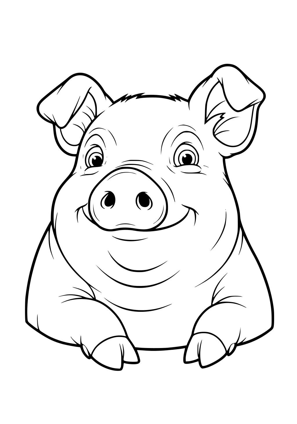 Smiling pig face with big ears, round cheeks, and front hooves resting below its chin on a white background.