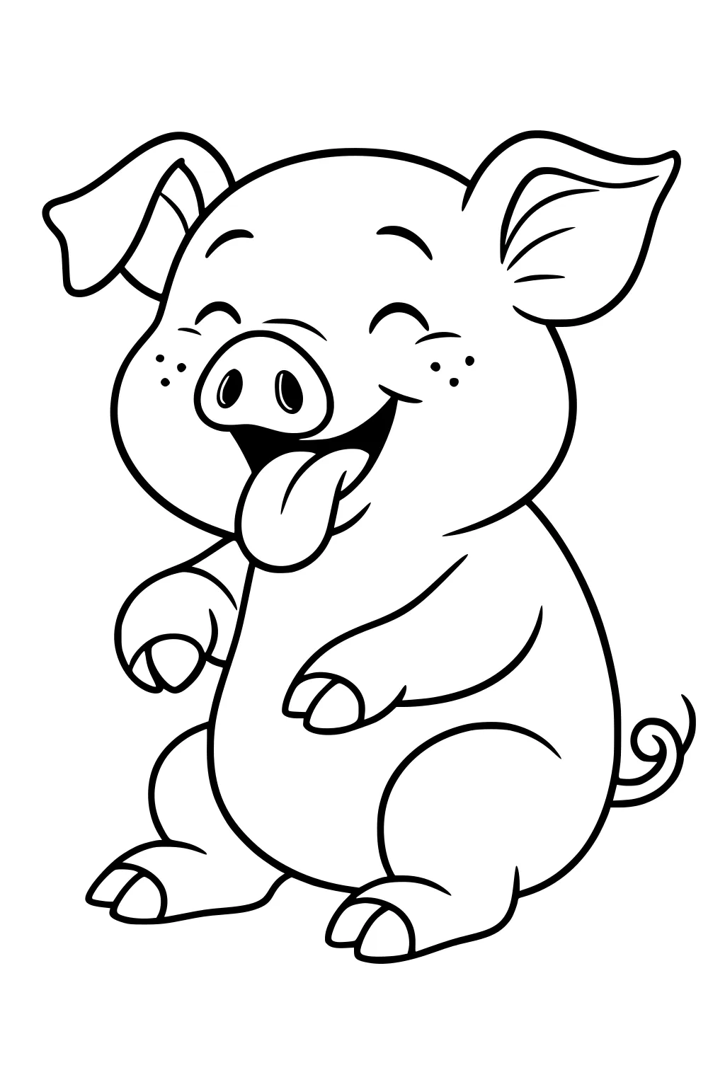 Playful pig with round belly, floppy ears, freckles, and tongue sticking out, sitting and smiling with closed eyes.