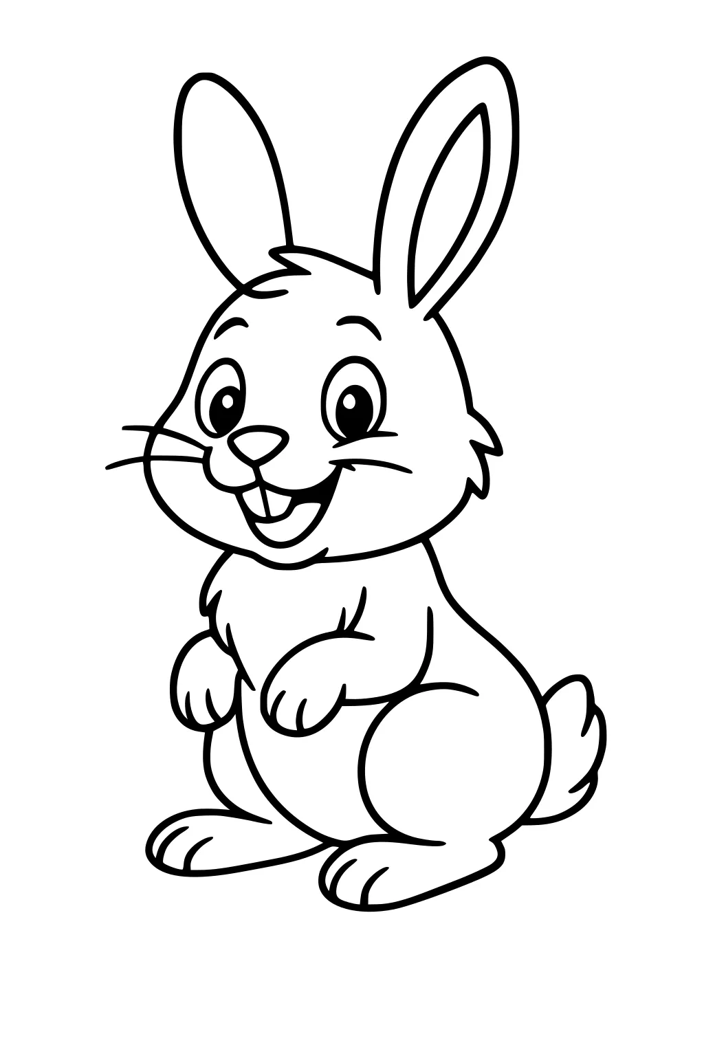 Cartoon rabbit with big eyes, long ears, and fluffy cheeks sitting upright, smiling, with front paws raised and no background.