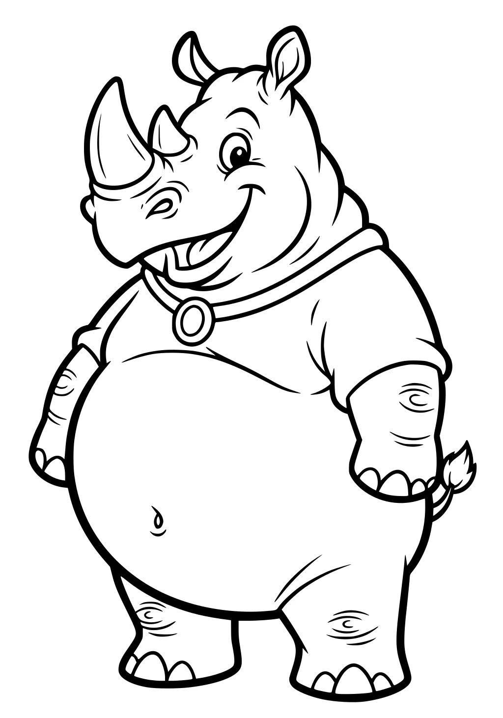 Cartoon rhinoceros with a big belly, smiling, wearing a collar, upright and friendly.