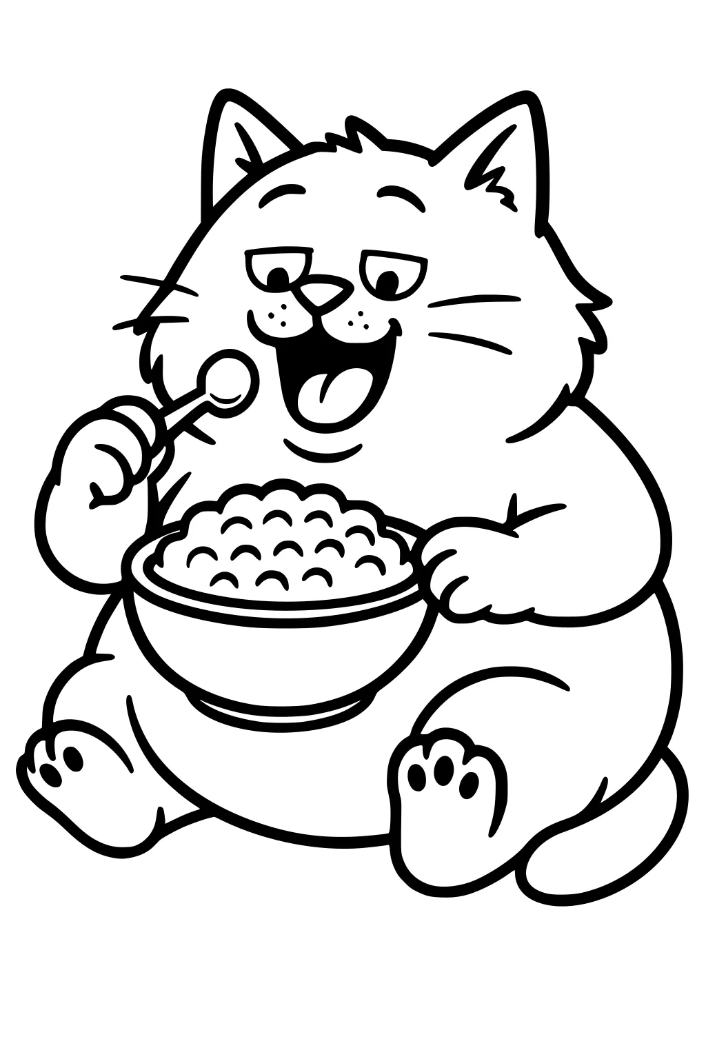 Plump cartoon cat eating cereal with a spoon, sitting with a big bowl on its lap, smiling with perked ears and paws showing.