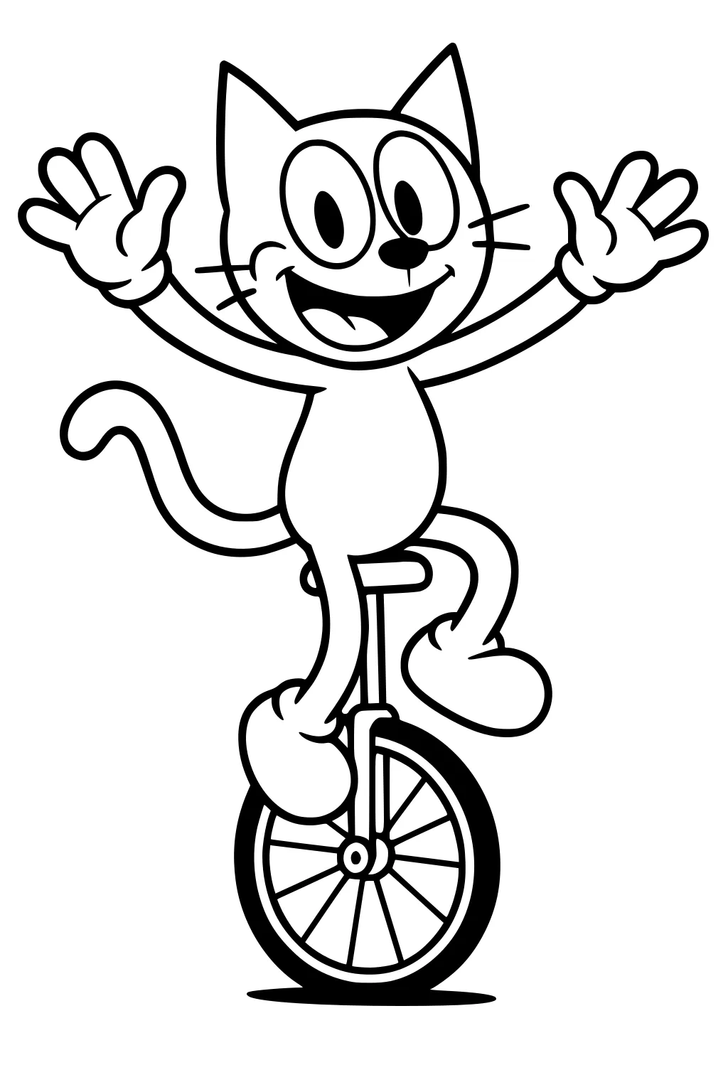 Cartoon cat with paws raised high, smiling while riding a unicycle.