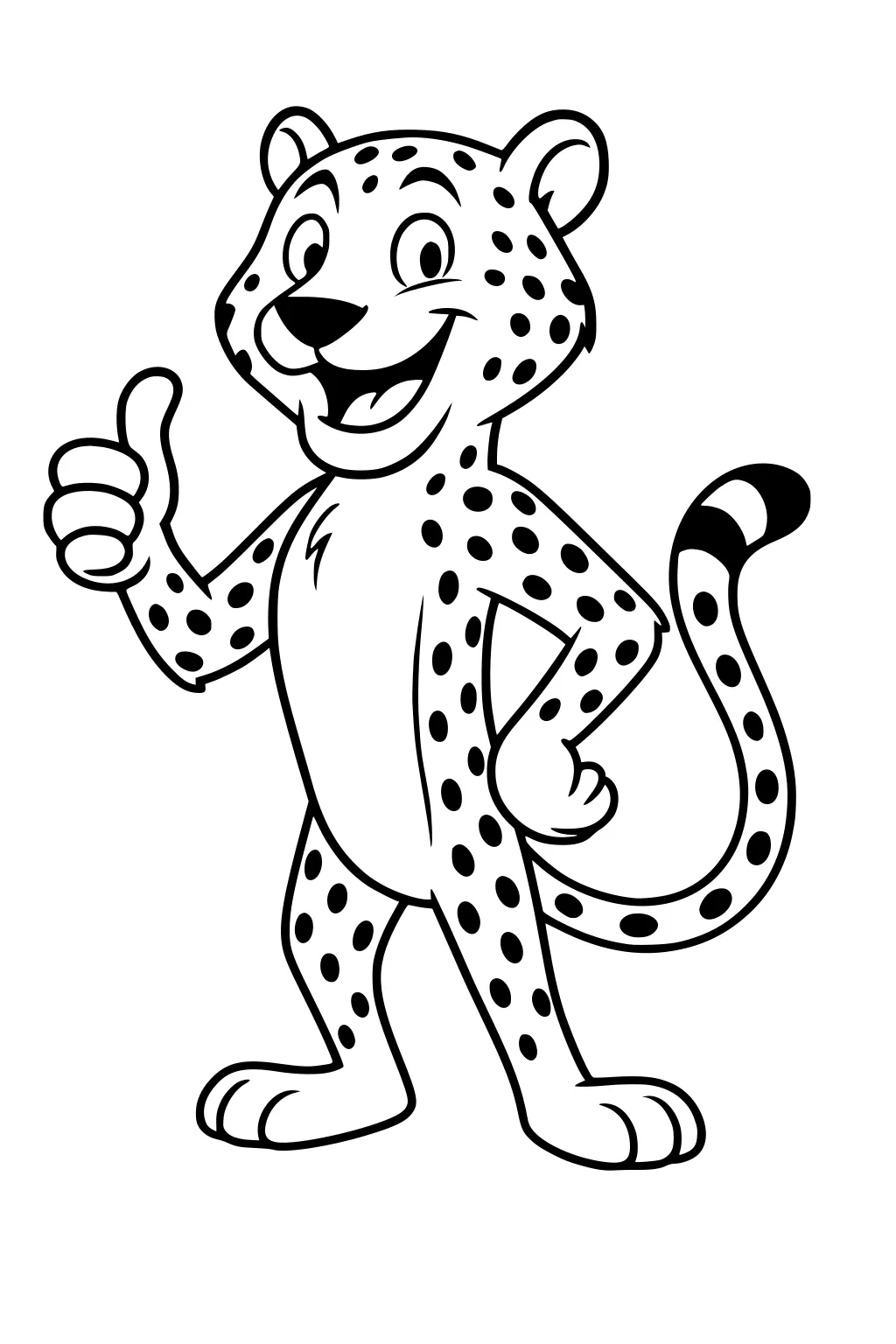 Cartoon cheetah stands upright, smiles, and gives a thumbs-up, with a long spotted tail and round ears.