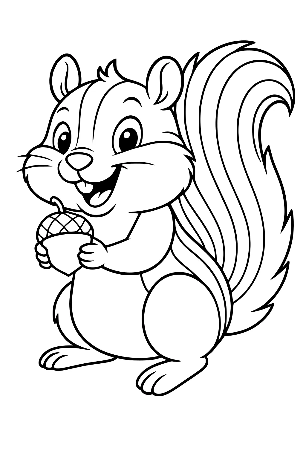Smiling chipmunk sitting upright, holding an acorn with both paws, bushy tail and big cheeks, outlined in cartoon style.