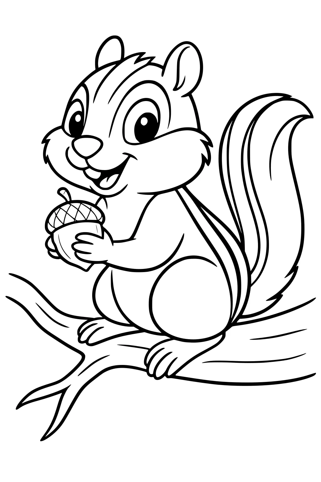 Cartoon chipmunk holding a big acorn, sitting on a tree branch with a curled striped tail.