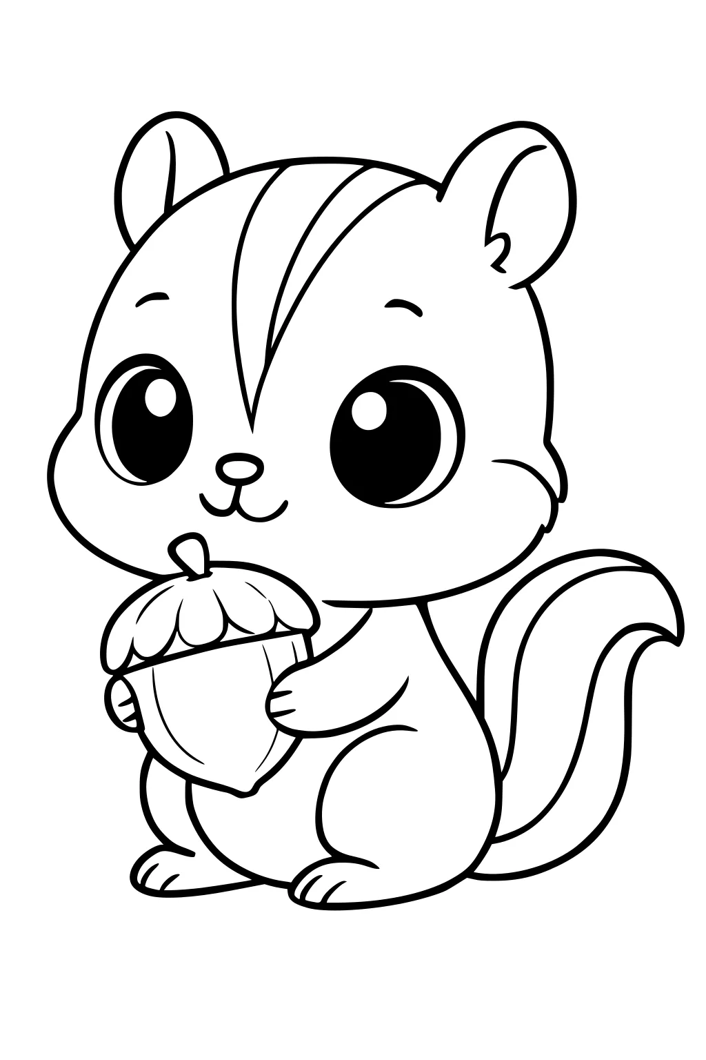 Cartoon chipmunk with big eyes and stripes, holding an acorn, sitting upright with a fluffy tail.