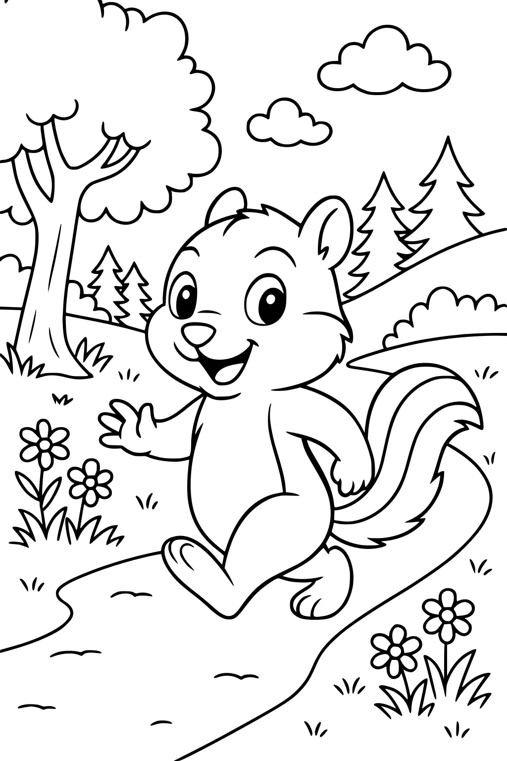 Chipmunk waving and walking on a path with flowers, trees, grass, and clouds in the background.