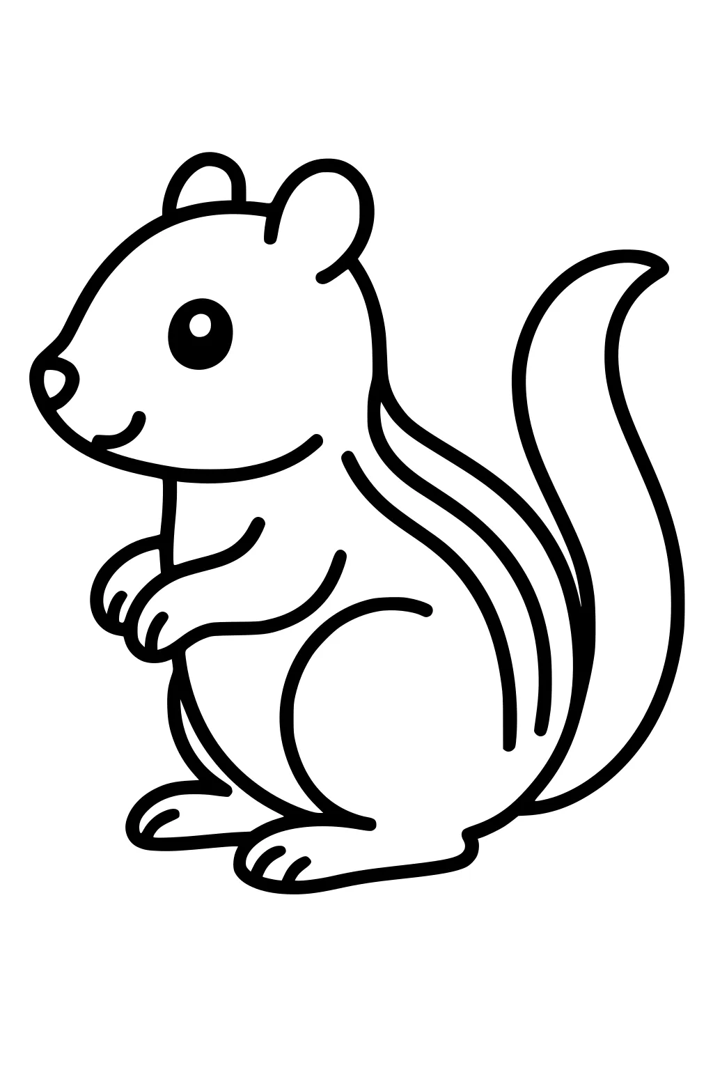 Cartoon chipmunk with striped back, bushy curved tail, round body, and perky ears sitting upright.