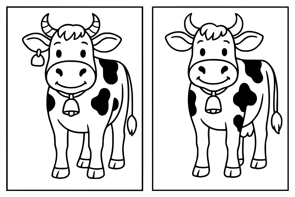 Two cartoon cows with spots, bells around their necks, horns, big ears, and friendly expressions side by side.
