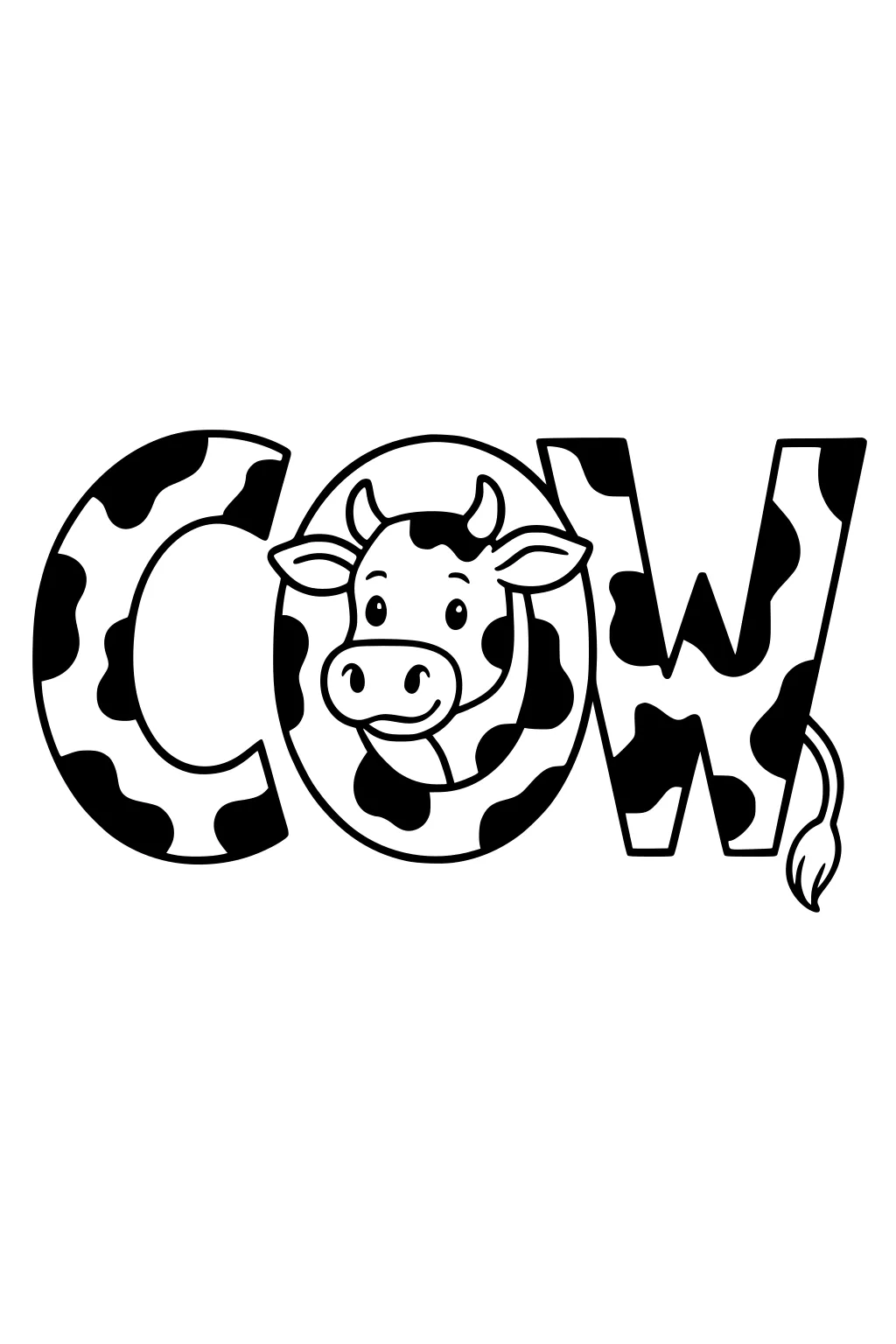 Cartoon cow face inside the letter O, with block letters C and W, all covered in cow print spots.