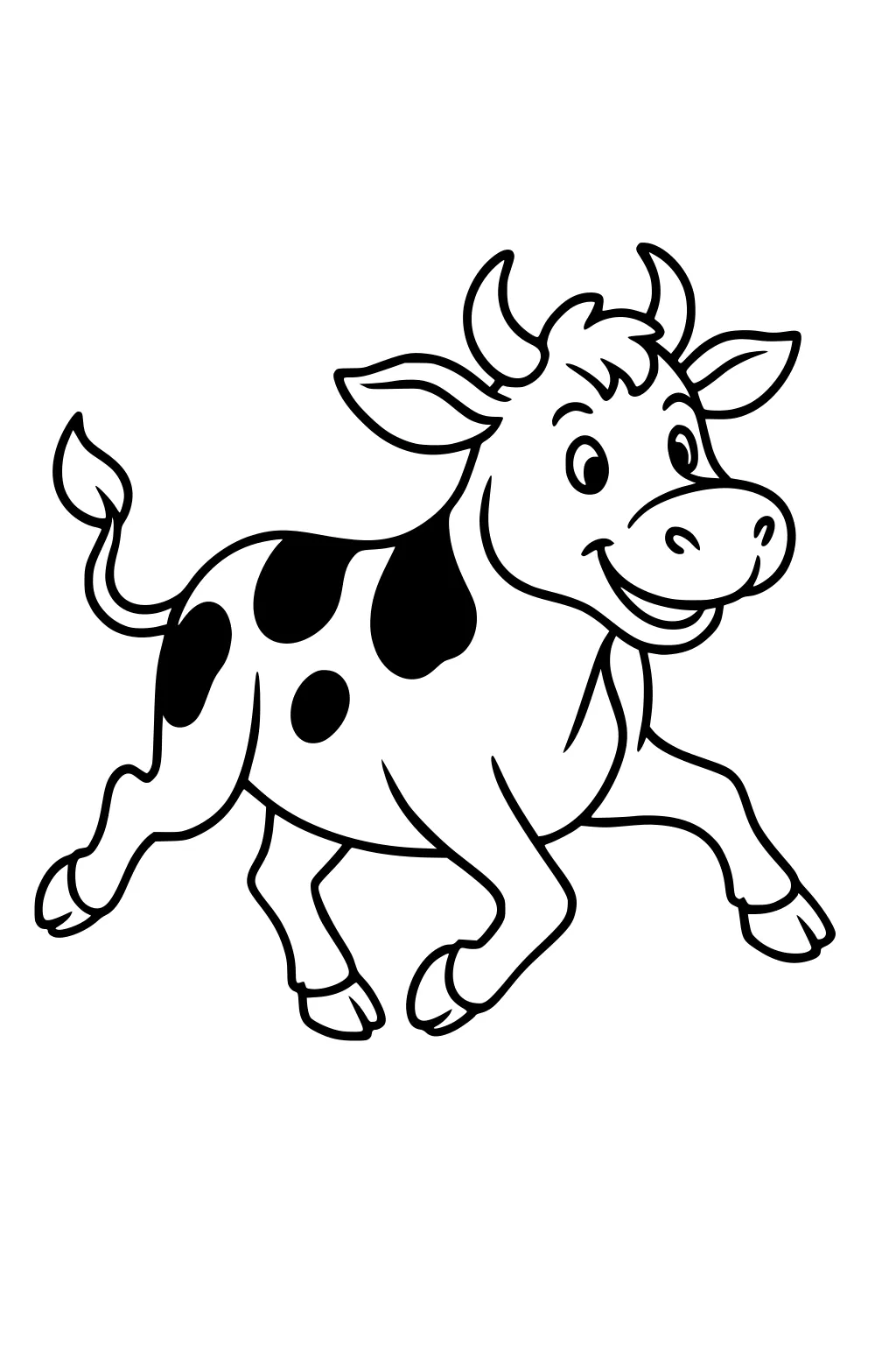 Cartoon cow with big smile, running, four legs and black spots, ears and horns, tail raised, blank background.