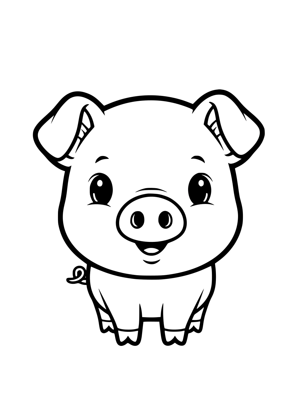 Cartoon piglet facing forward with big round nose, wide eyes, floppy ears, short legs, and a curly tail.