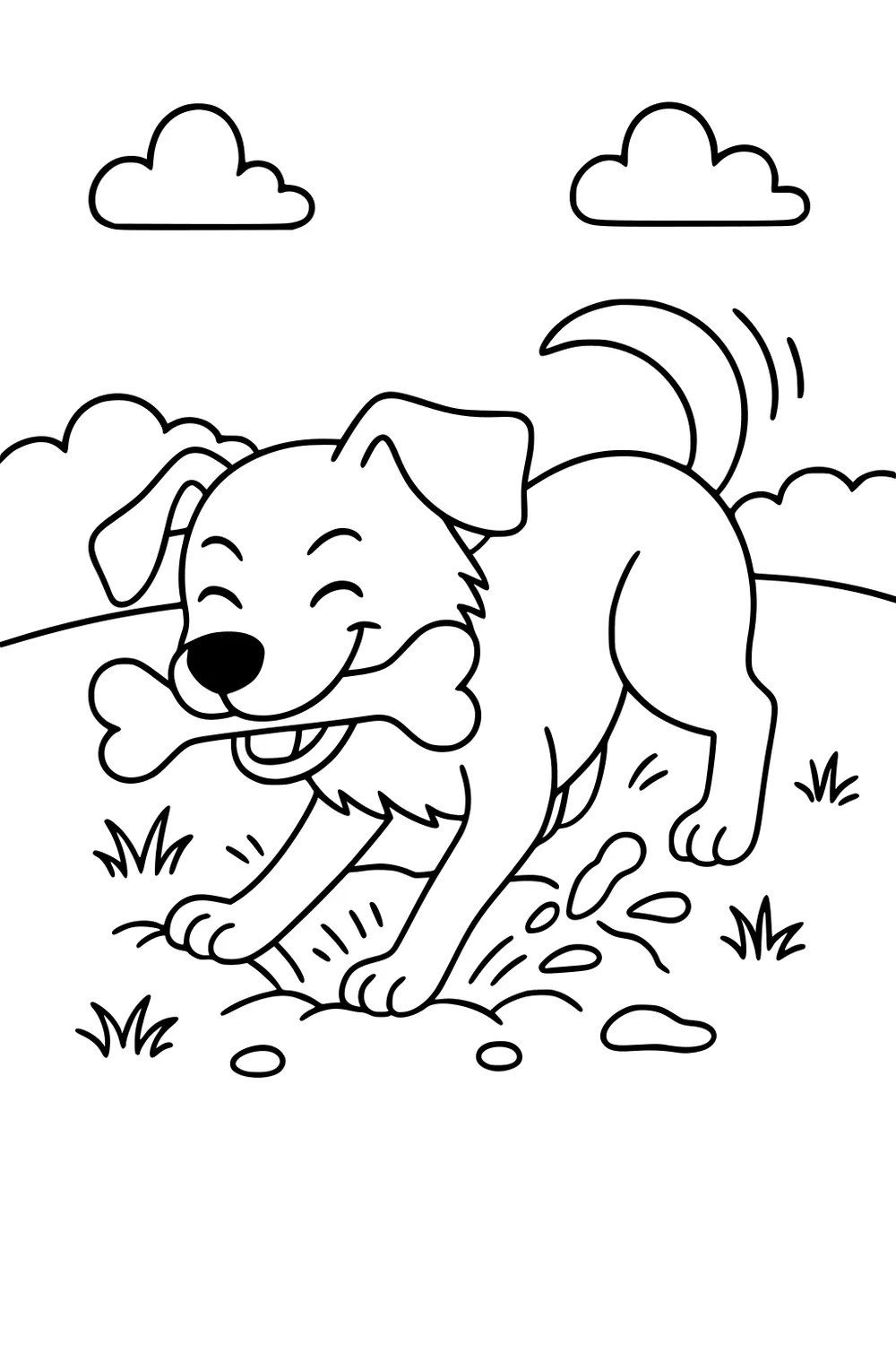 Happy puppy in a field, holding a bone in its mouth, wagging its tail with mud and grass around, clouds overhead.