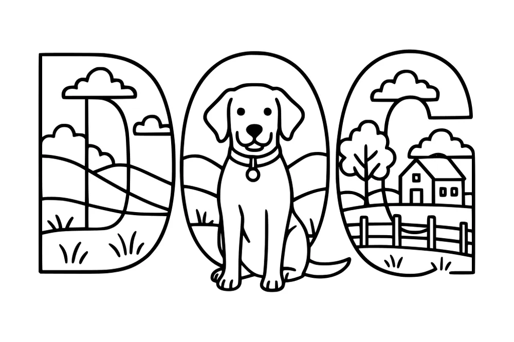 Dog sitting in front of big letters spelling DOG, with hills, trees, a farmhouse, fence, clouds, and grass in the background.