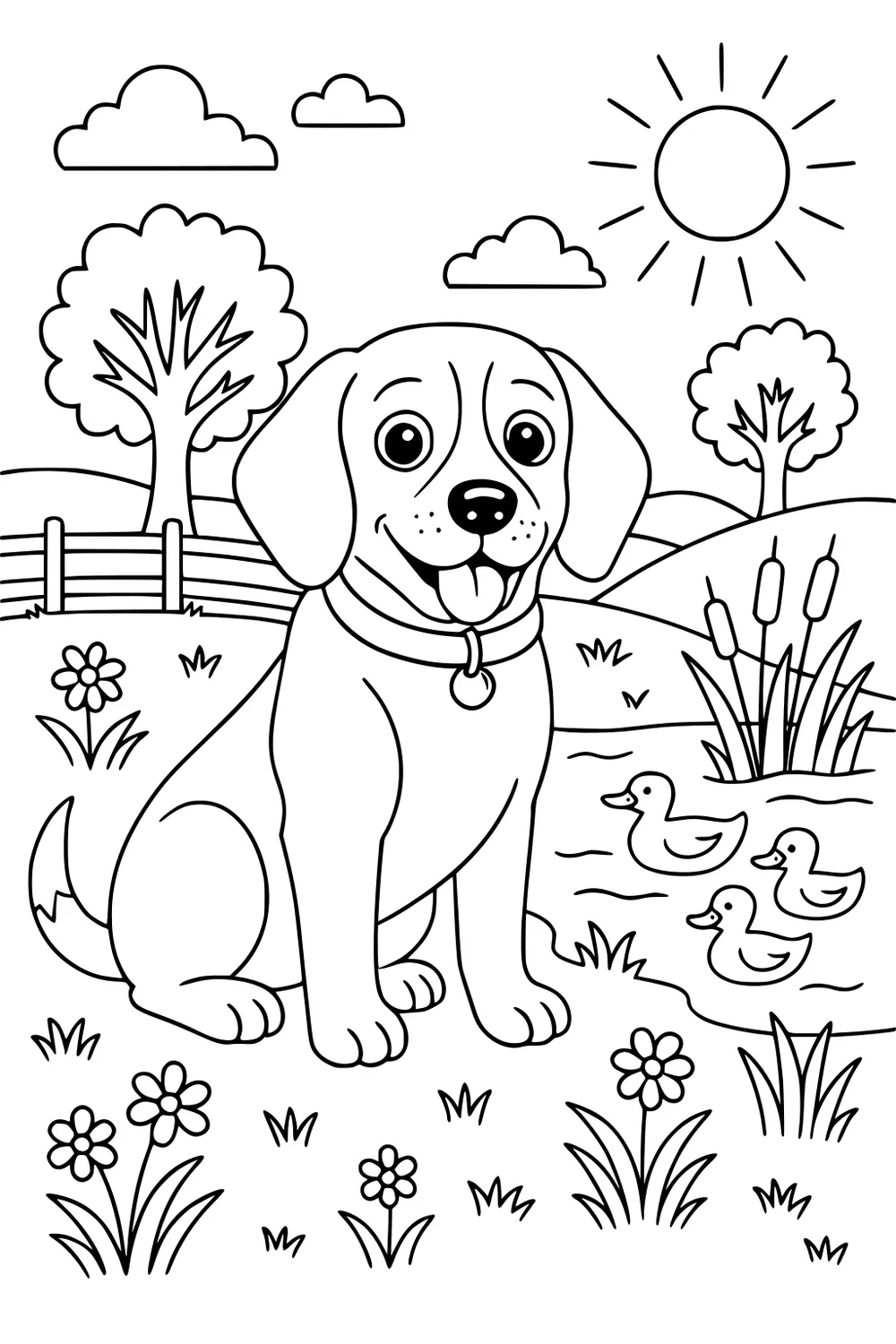 Dog sitting on grass near pond with ducks, flowers, trees, fence, and a shining sun.