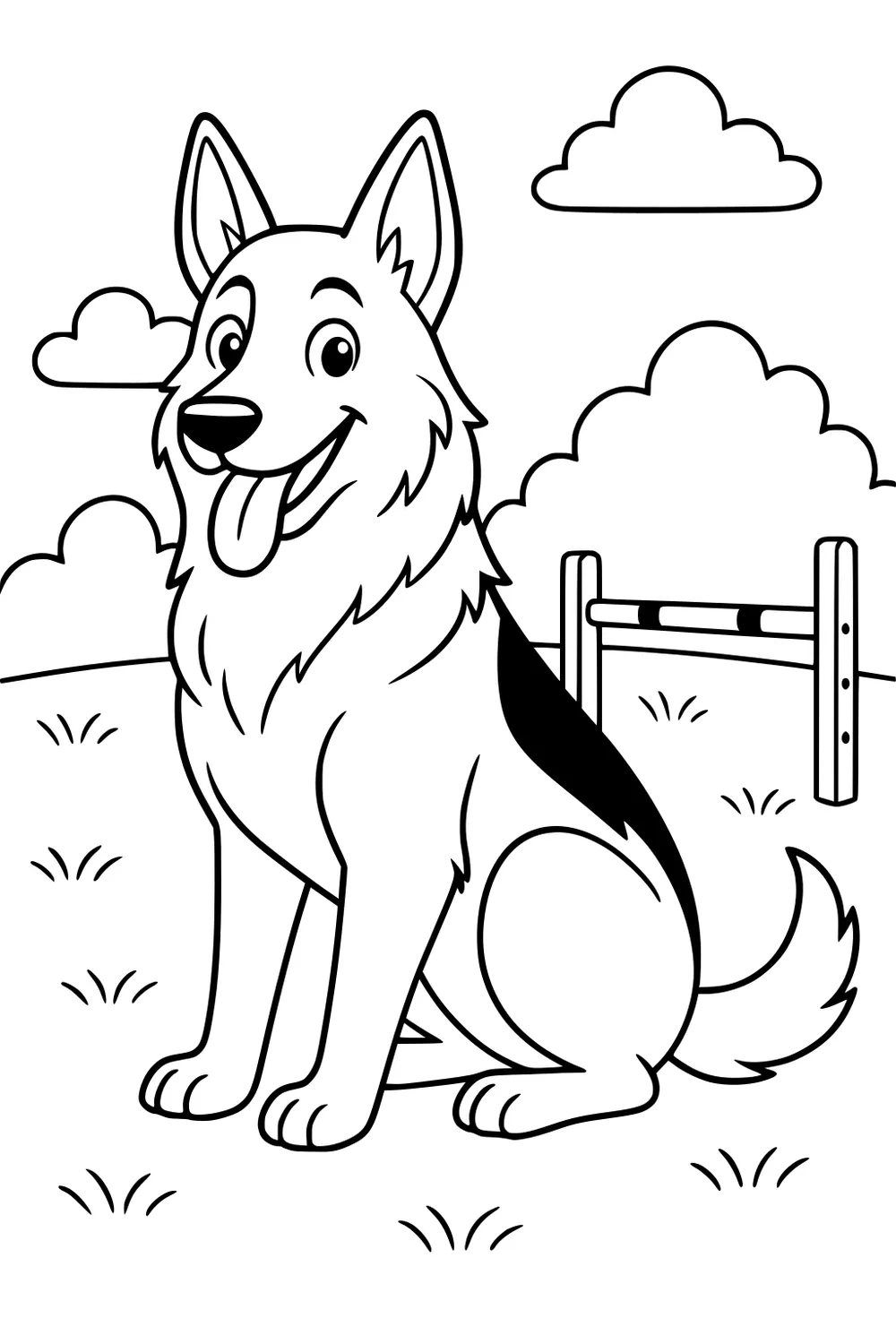 Big fluffy dog sitting on grass with tongue out, fence and bushes behind, clouds in a sunny sky.