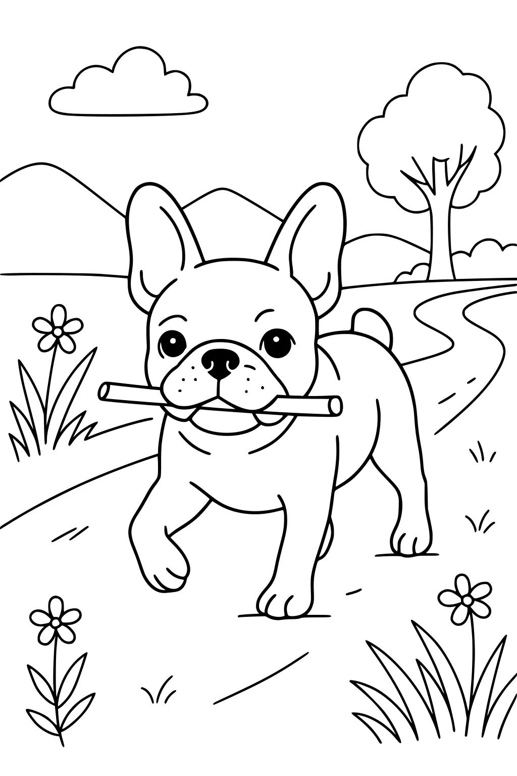 French bulldog carrying a stick on a path with flowers, grass, tree, hills, and clouds in the background.