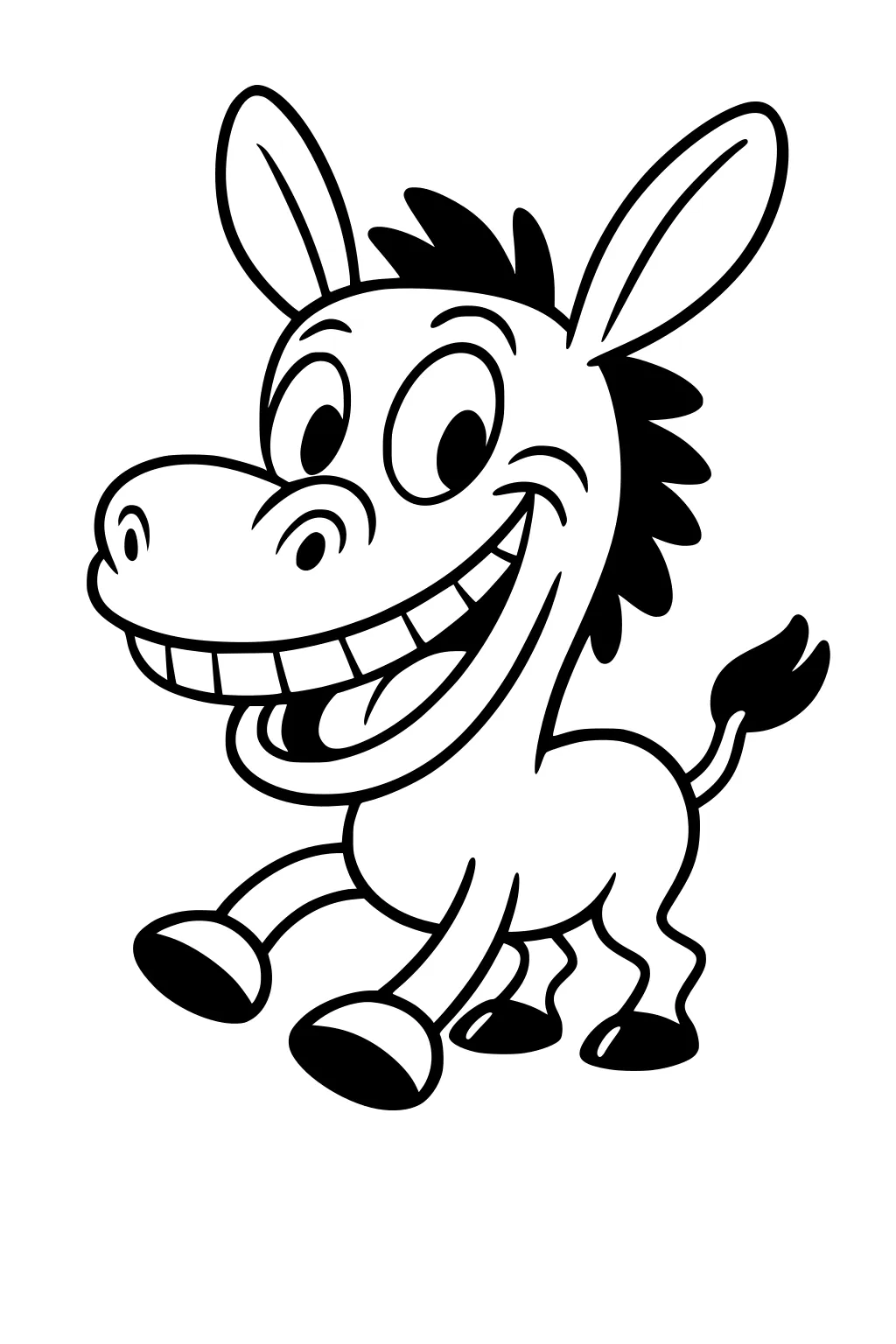 Smiling cartoon donkey with big eyes, upright ears, four hooves, and a spiky mane.