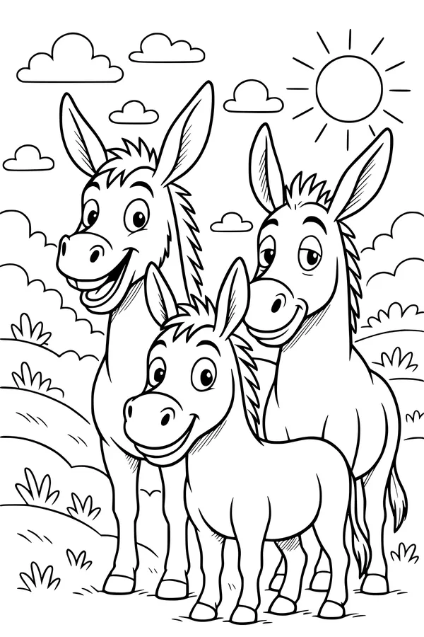 Three Donkeys in the Sunny Meadow