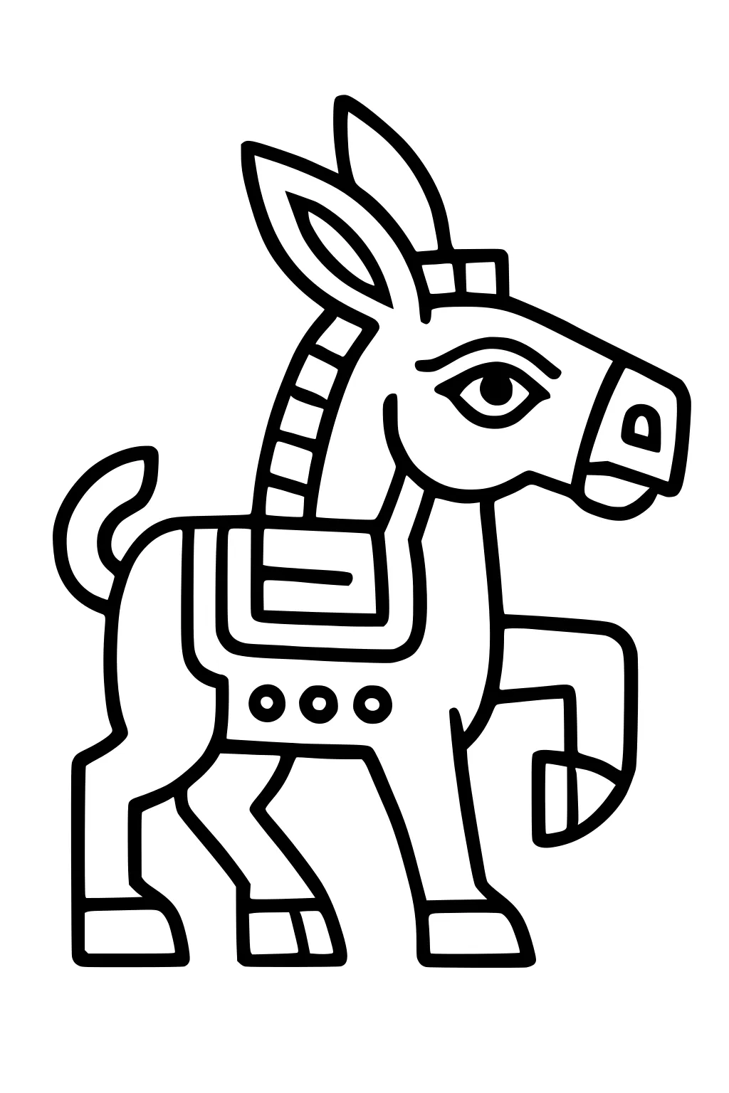 Donkey with upright ears, striped neck, blanket, and one front leg lifted, outlined in bold black lines.