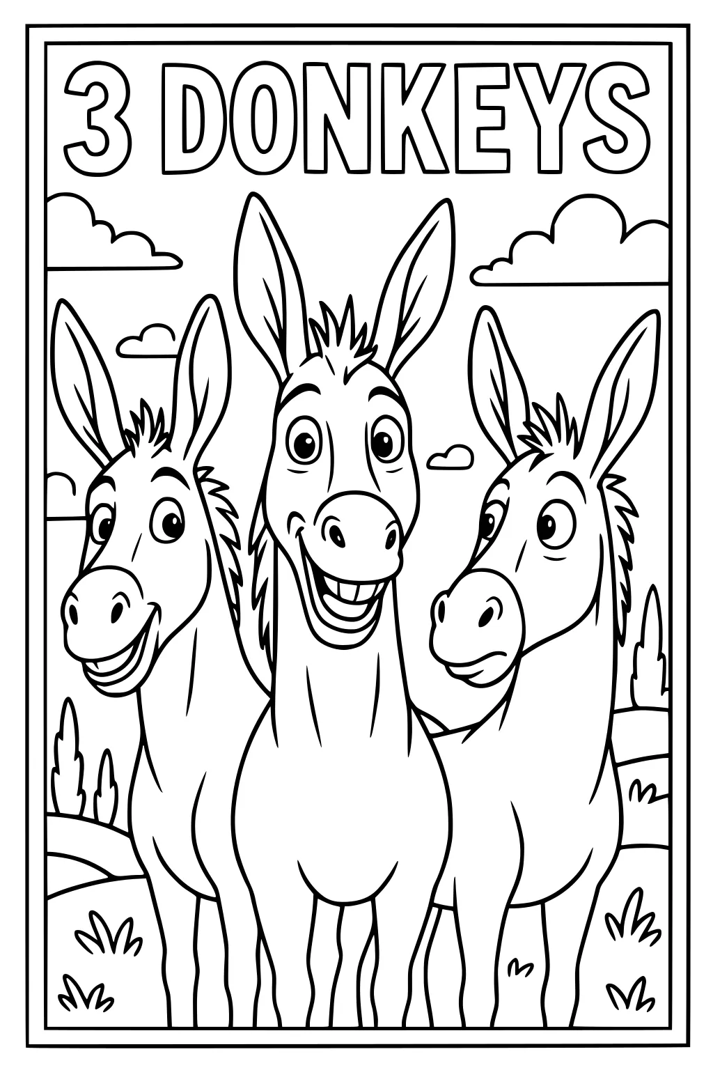 Three cartoon donkeys with large ears and big smiles standing in a grassy field with clouds and bushes.