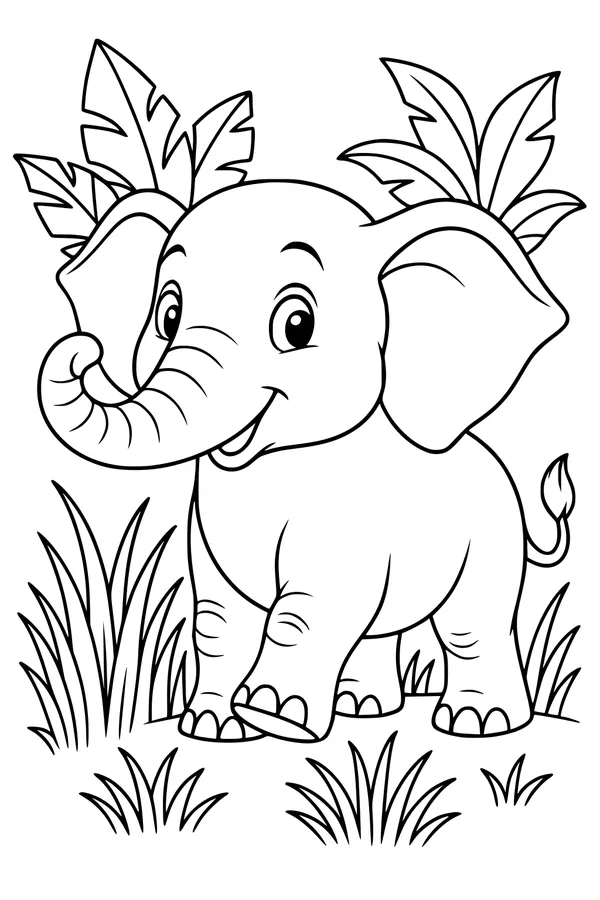 Smiling Elephant Under Jungle Leaves