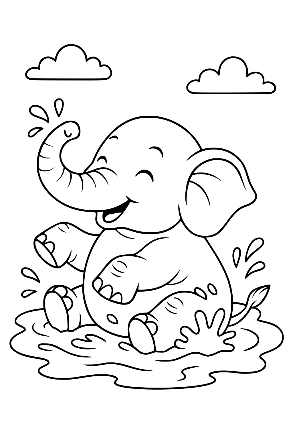 Baby elephant with big ears splashes in a puddle, trunk raised, clouds above, water drops all around.