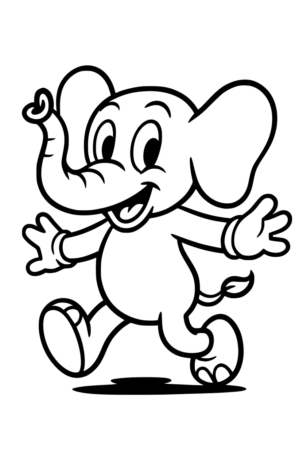Cartoon elephant walking with arms stretched, big ears, curved trunk, and happy face.