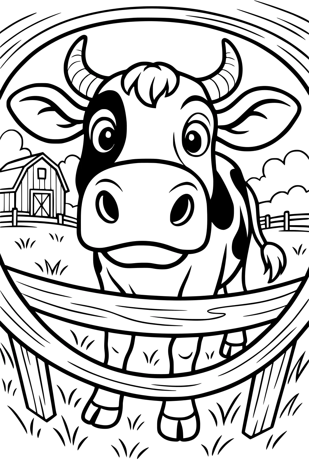 Cartoon cow with black spots behind a fence on a grassy farm, barn and clouds shown in the background.