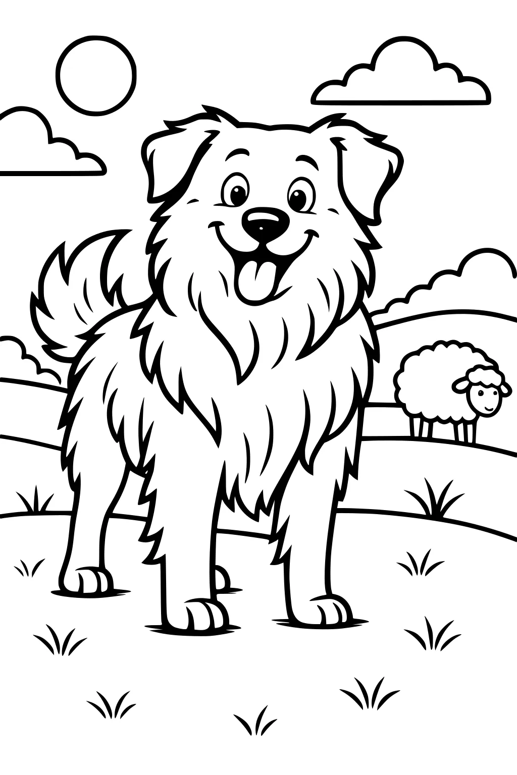 Smiling fluffy dog stands on grassy hill in sunshine with sheep in the background and clouds in the sky.