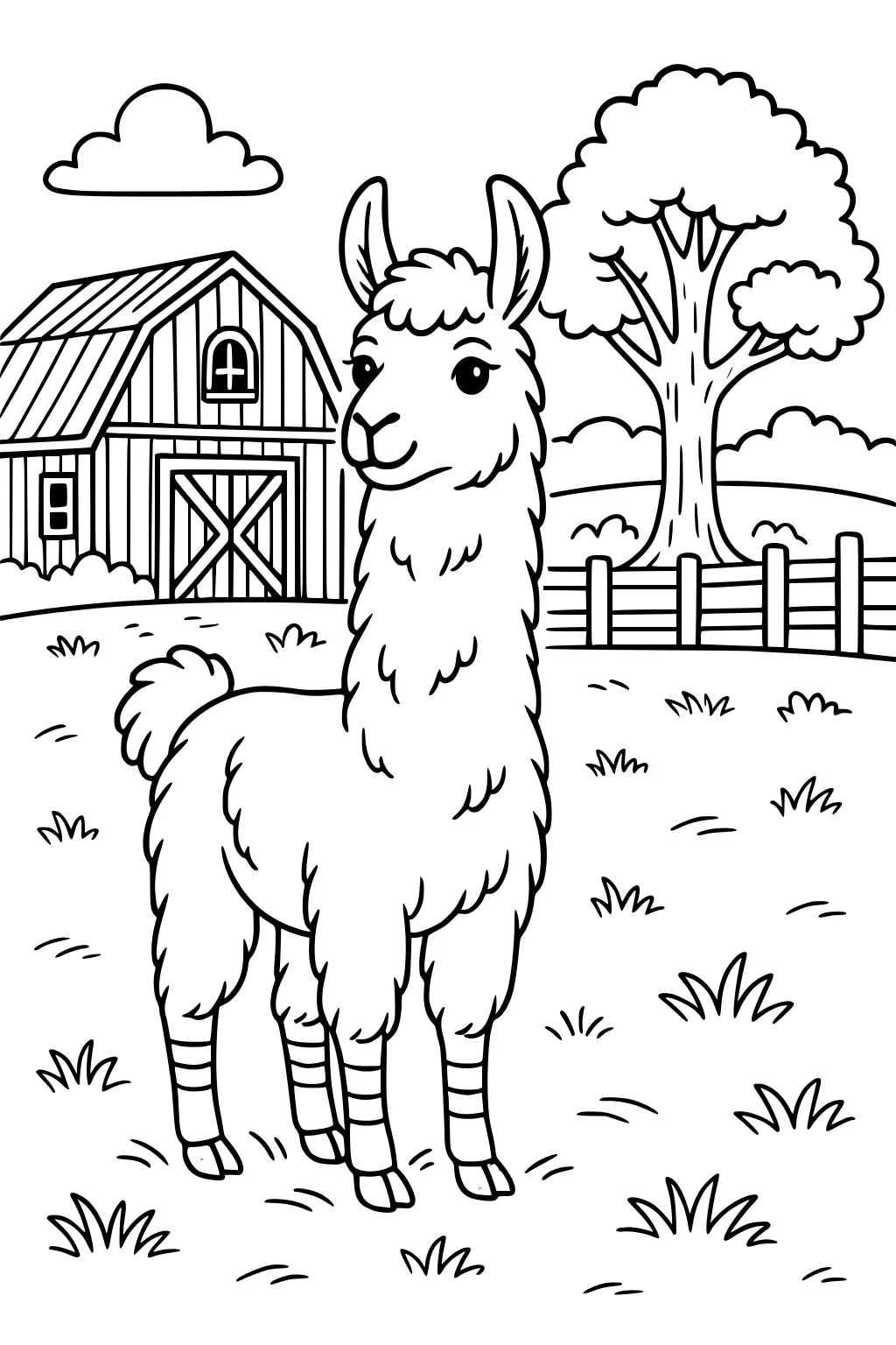 Llama with fluffy fur standing on grass in front of a barn and tree with a fence and clouds in the background.