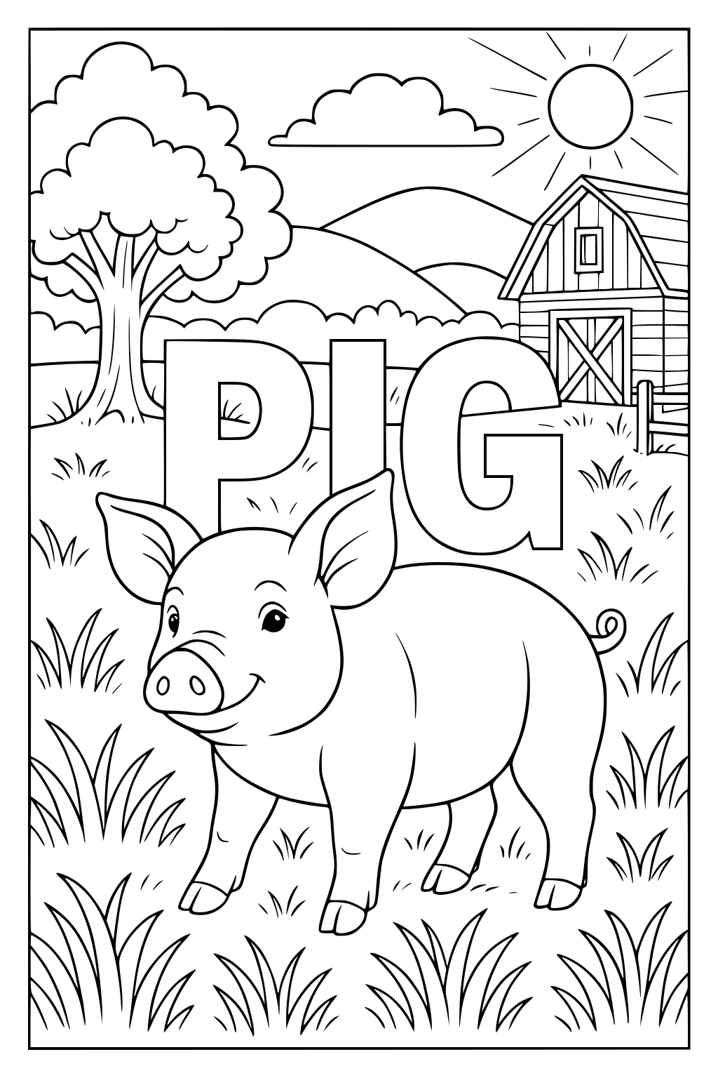 Pig with big ears and curly tail standing in grass, PIG letters behind, barn and sunlit hills in the background.
