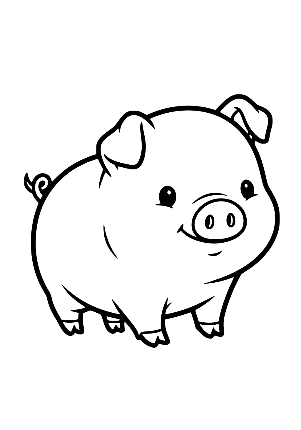 A chubby cartoon pig with big eyes, floppy ears, a curly tail, and a smiling face stands on four short legs.