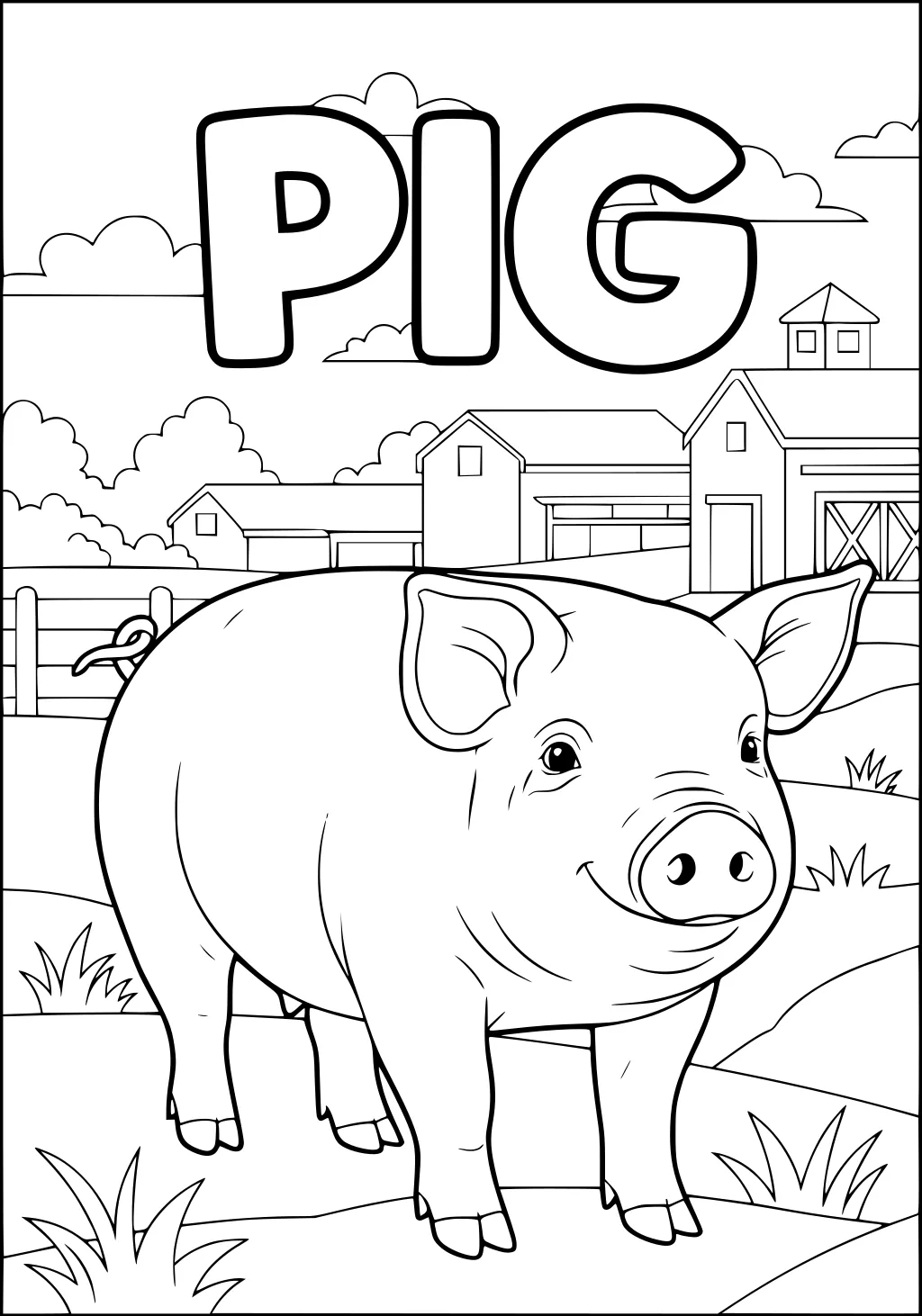 Smiling pig stands on grass in front of a barn with fence, farmhouse, puffy clouds, and the word PIG in big letters above.